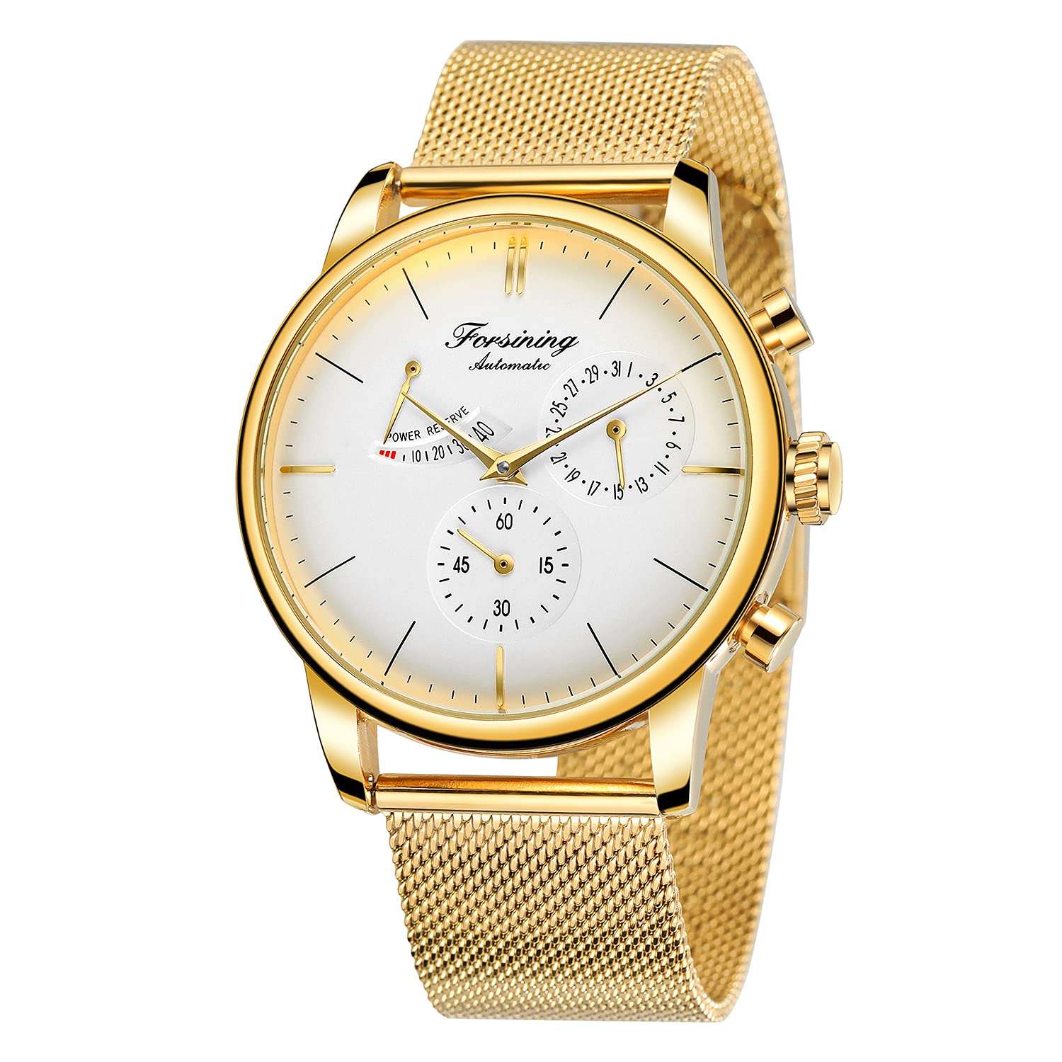 BOLYTEMens Automatic Mechanical Analog Watch Seagull Movement Auto Date Power Reserve Indicator Stainles Steel Band Business Wristwatch