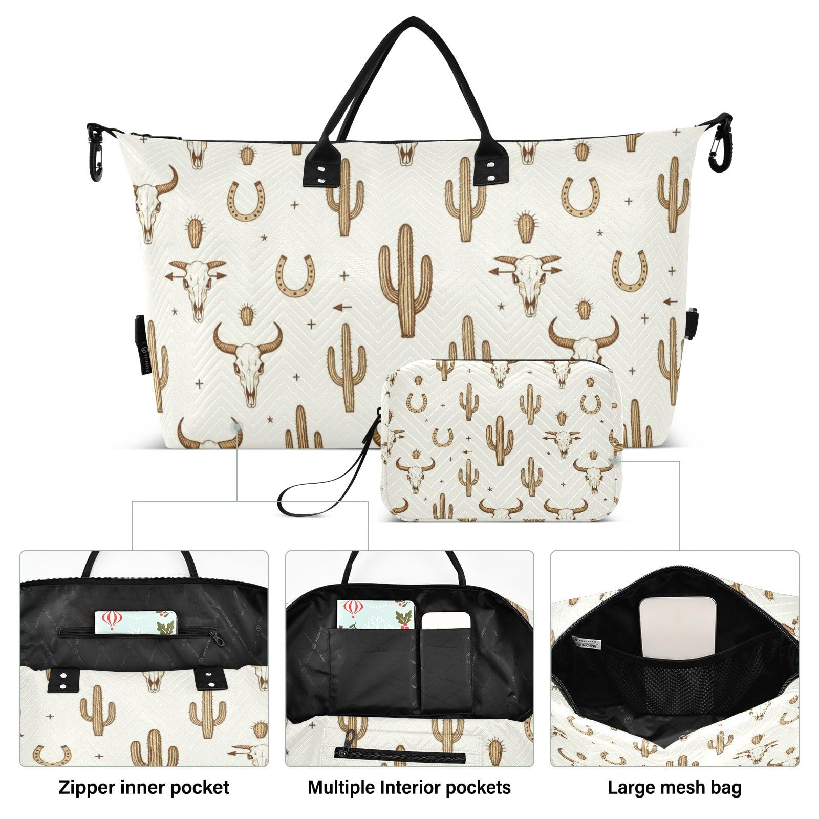 Reisetaschen-Set, 2-teilig, gewellt, gesteppt, abnehmbar, stilvoll, Urlaub, Reisen, Western Cactus Bull, One Size, Klassisch