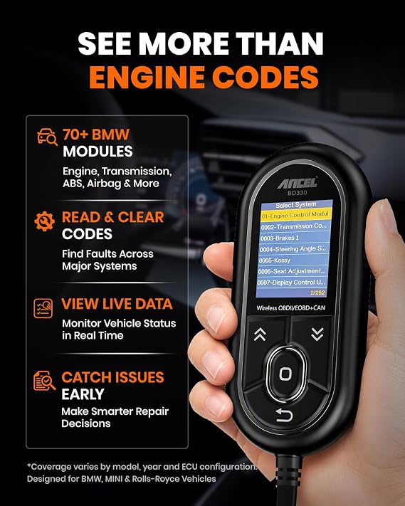 ANCEL BD330 BMW OBD2 Scanner for BMW, MINI, and Rolls-Royce Vehicles, ABS Full-System Diagnostic Scan Tool, Battery Registration/BAT Check, EPB/Oil/Throttle Reset, 3-in-1 Bluetooth/Wired/HUD- Black