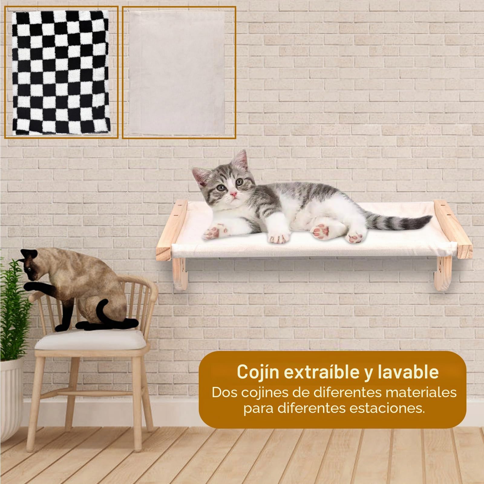 Hamaca para gatos montada en la pared, muebles de madera para gatos, estantes y barras de asiento, plataforma para dormir y jugar