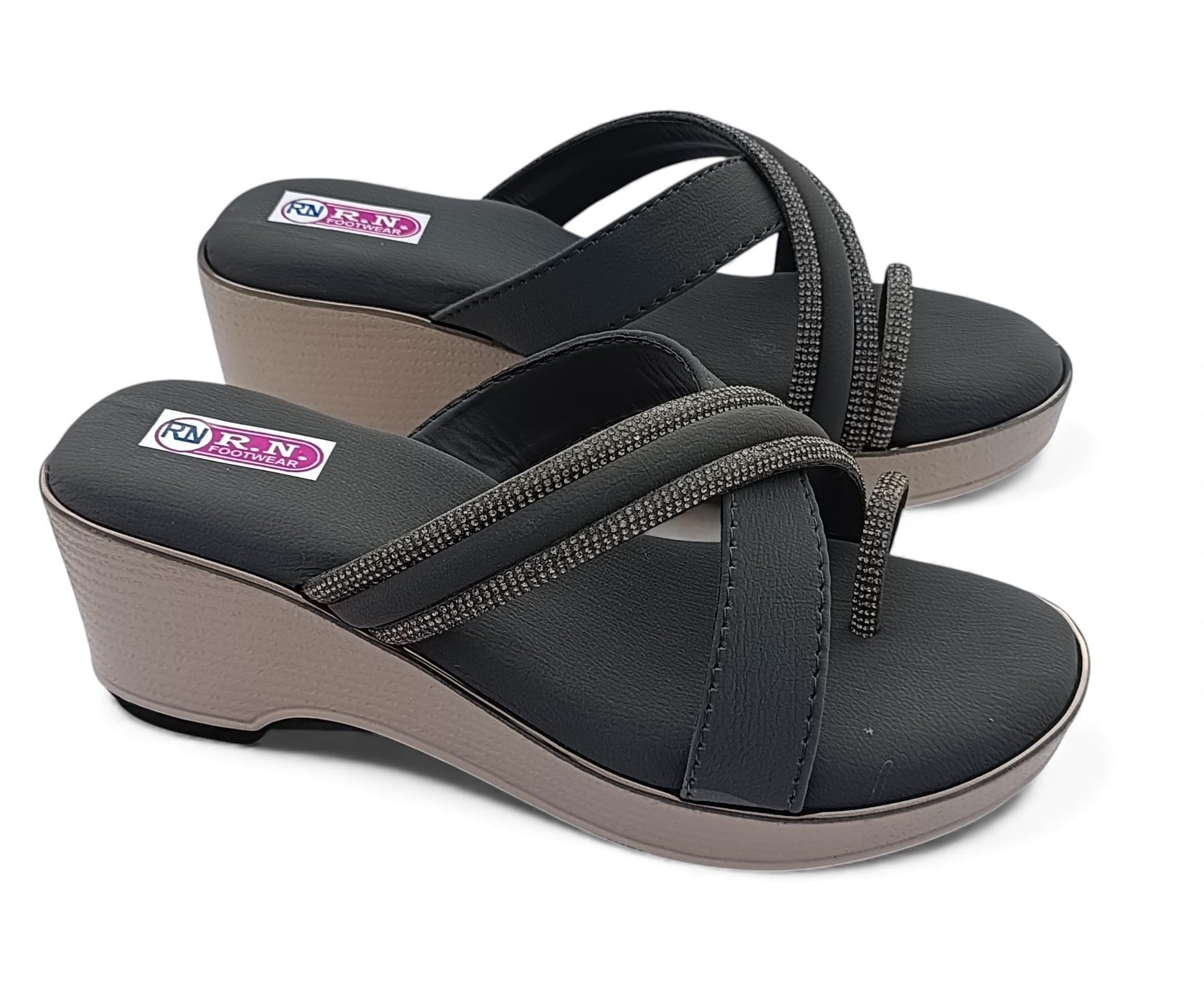 Women's Wedge Sandals, Taupe Brown with Rhinestone Embellished Straps, Platform Slip-On Style-picture-48