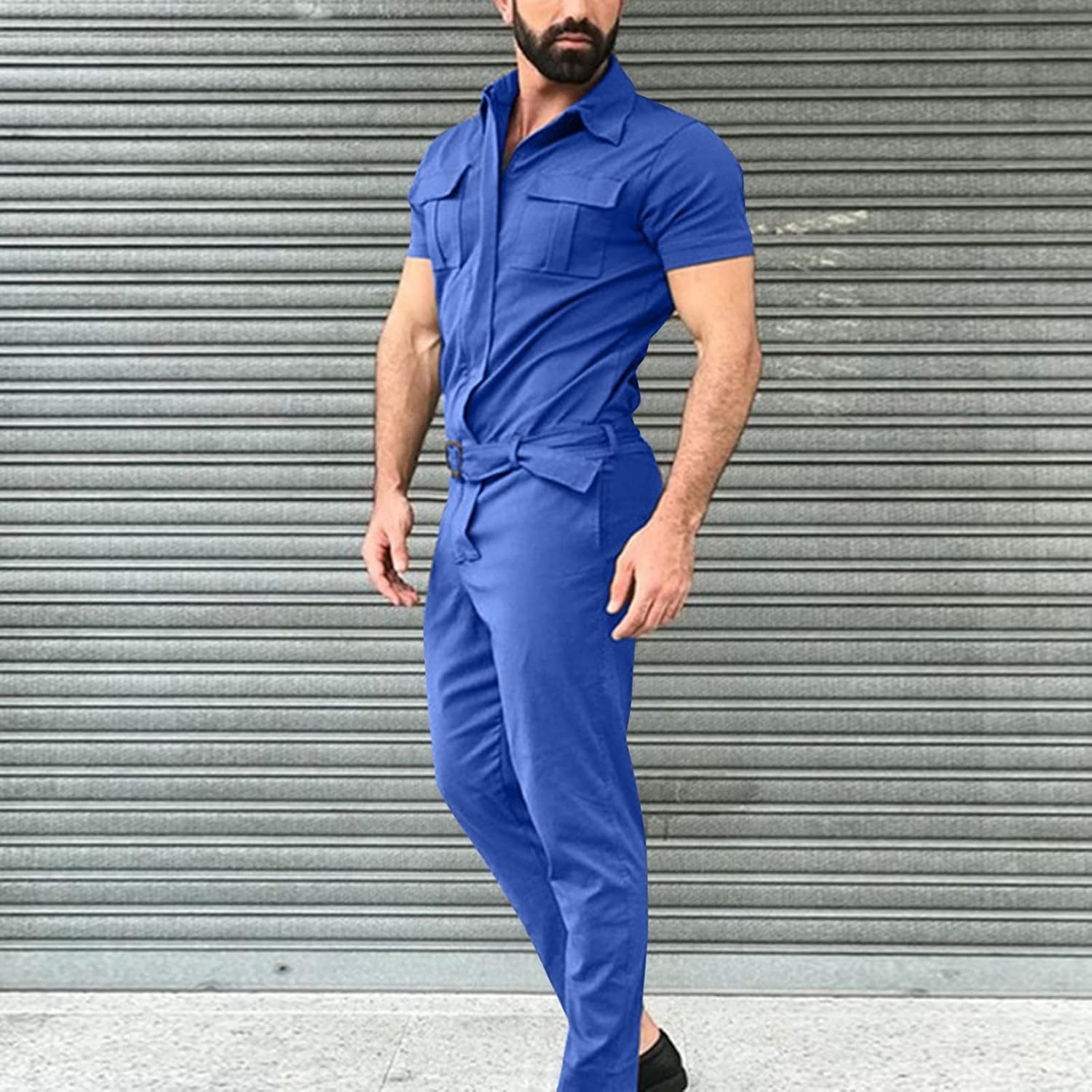 Mens Casual Overalls,Short Sleeve Zip Up Coverall Basic Work Wear Casual Slim Fit Jumpsuit Construction Pants
