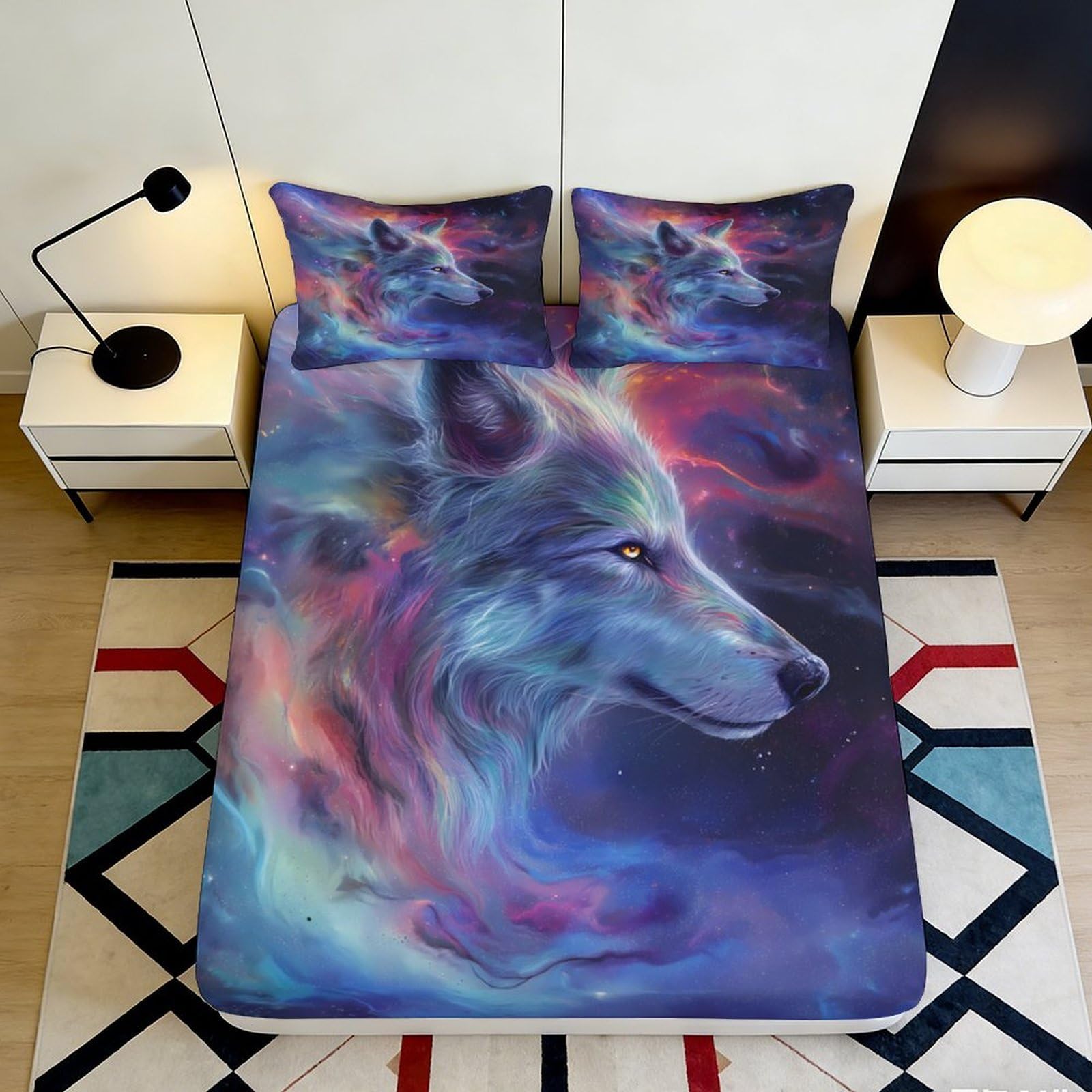 3D Printed Wolf Galaxy Fitted Sheet Microfiber Soft Breathable Cosmic Nebula Mattress Cover for Bedroom Dorm Decor 160x200x25cm