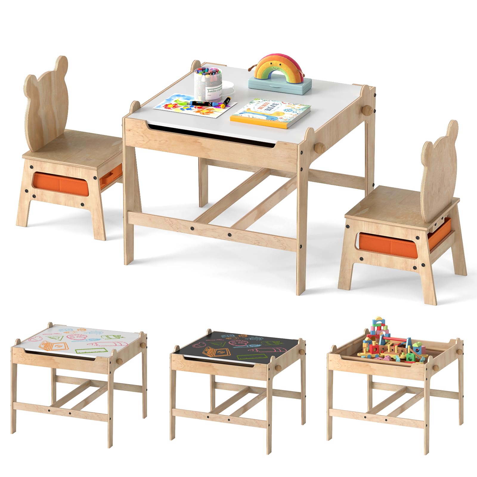 LIFEZEAL Kindertisch mit 2 Stühlen, Kinder Spieltisch mit wendbarer Tafel & Stauraum, Kindersitzgruppe Holz mit niedlichen Mustern, Multifunktionale Sitzgruppe für Kinder ab 3 Jahren (1, Panda)