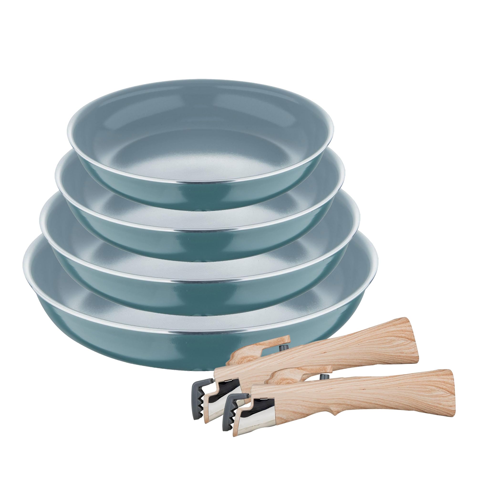 Set de 4 Sartenes Ø22Ø24Ø26Ø28cm en Aluminio prensado Verde + 2 Mangos extraíbles Click&Cook Bergner