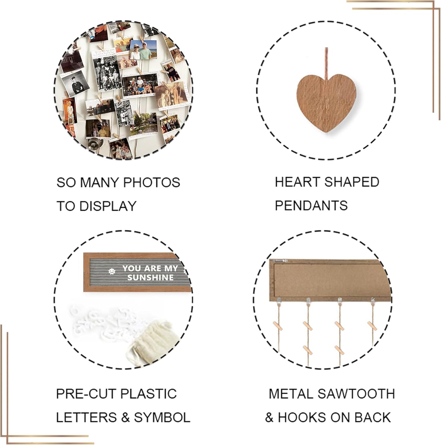 Buecasa Felt Letter Board with 340 Letters and 30 Clips - Rustic Picture Frames Collage Wall Decor Sign - Multi Photos Cards Organizer 15.7x5 Inches (Nature)