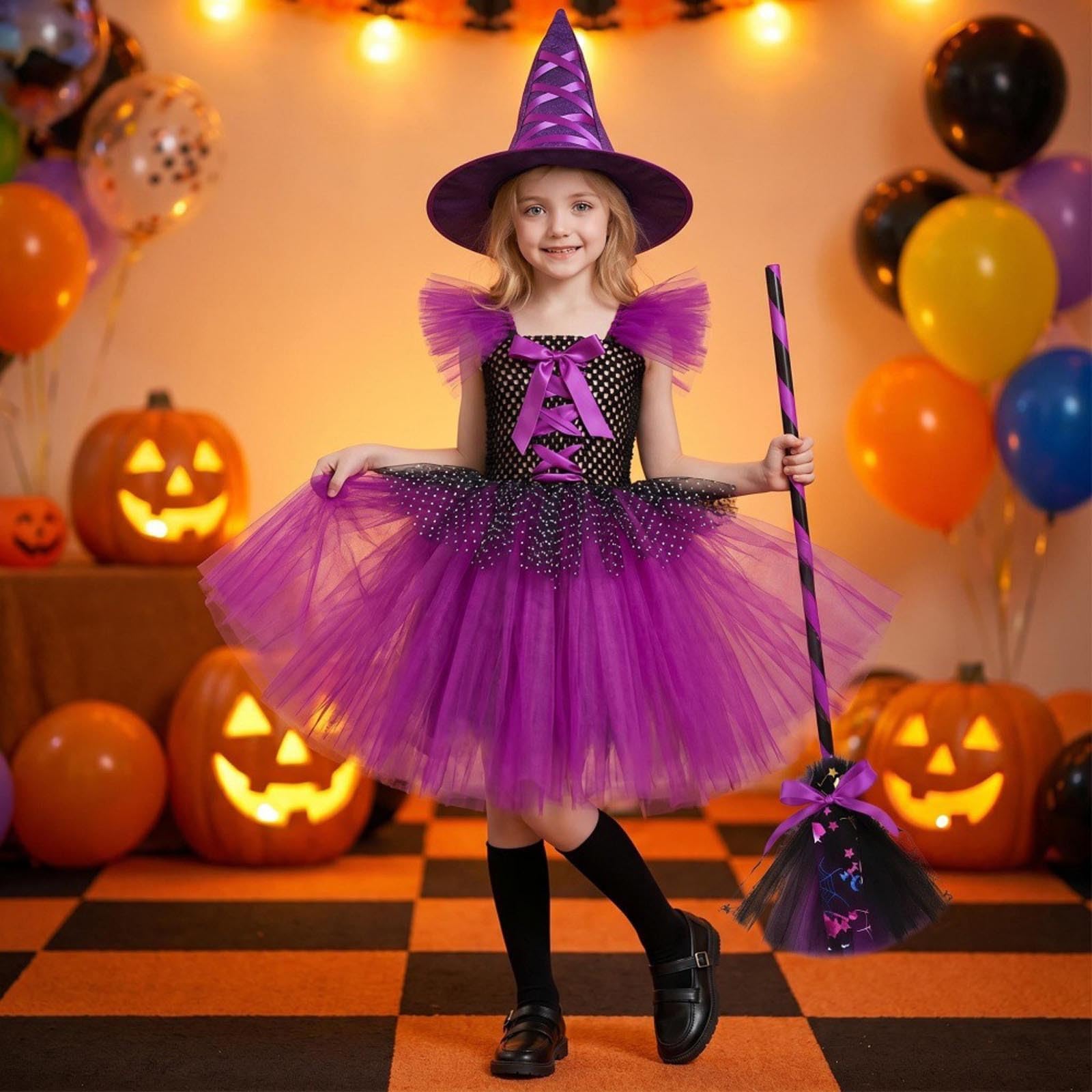 Hexen Kostüm Mädchen Halloween Kostüm Mädchen Karneval Cosplay Halloween Fasching Party Outfits Lila Set Mit Hut Besen Rock Und Umhang Violett Prinzessin Kleid Kinder Witch Costume