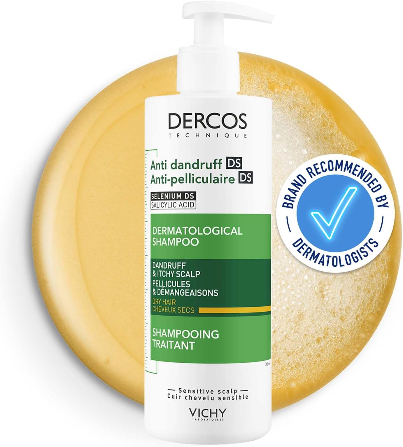 Vichy Dercos Technique Anti-Dandruff Purifying Shampoo, With 1% Salicylic Acid & Selenium Disulfide, For Sensitive Dry Hair & Scalp, Removes Visible Flakes, 390ml