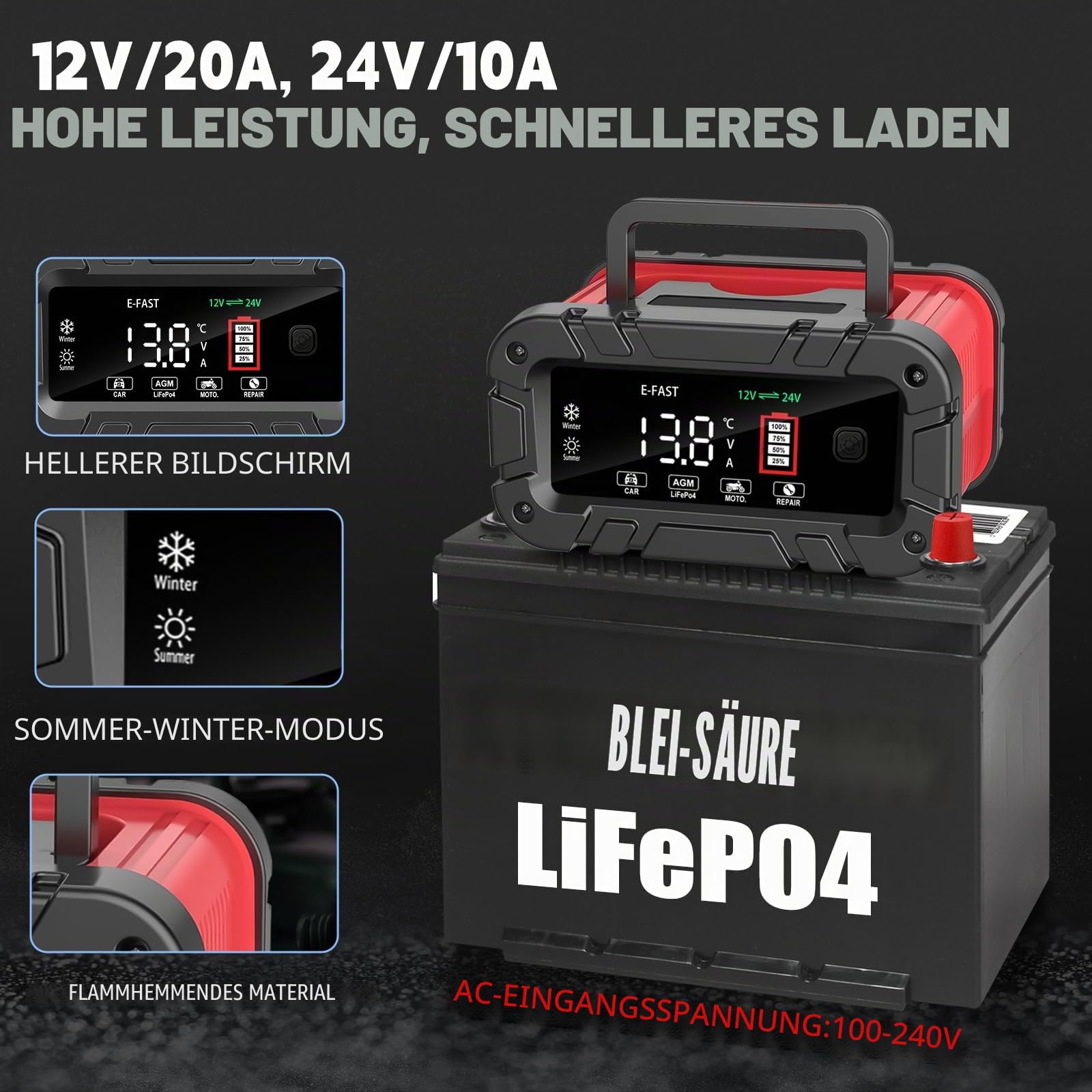 20A Autobatterie Ladegerät, 12V/24V Lifepo4 Smart Vollautomatische Ladegeräte für Autobatterien KFZ Batterieladegerät mit LCD-Bildschirm für Auto LKW Motorrad Rasenmäher Boot