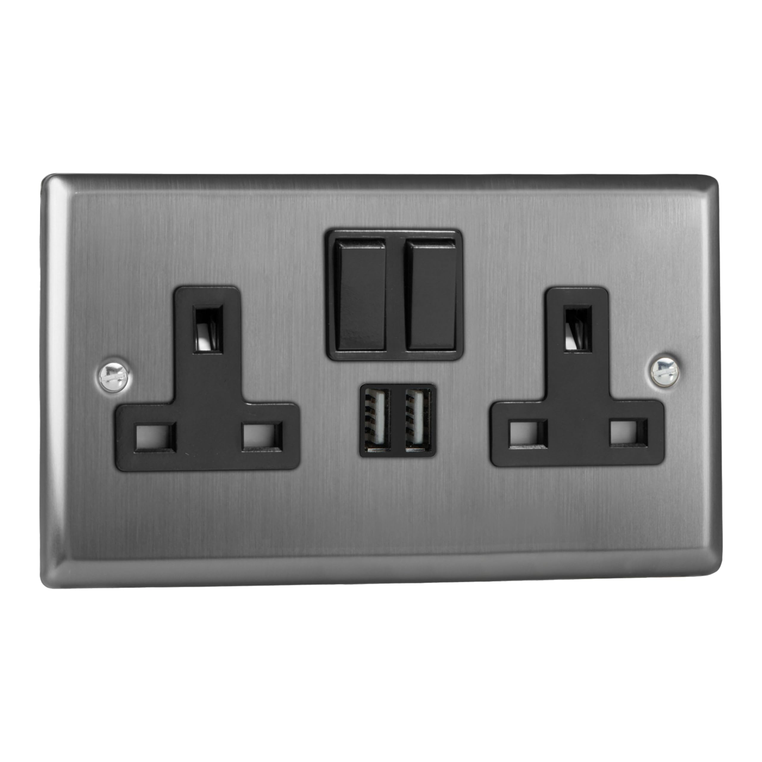 Varilight Double Switched Plug Socket With USB Charging - Classic Brushed Steel With Black Insert, XT5U2SB