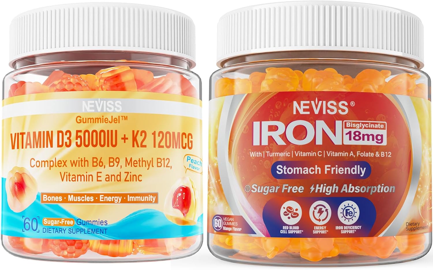 NEVISS Vitamin D3 5000IU + K2 (MK-7) 120mcg, Sugar-Free Vegan Iron Gummies Supplement with Vitamin C, B12, Folate & Turmeric - Energy & Immune Health