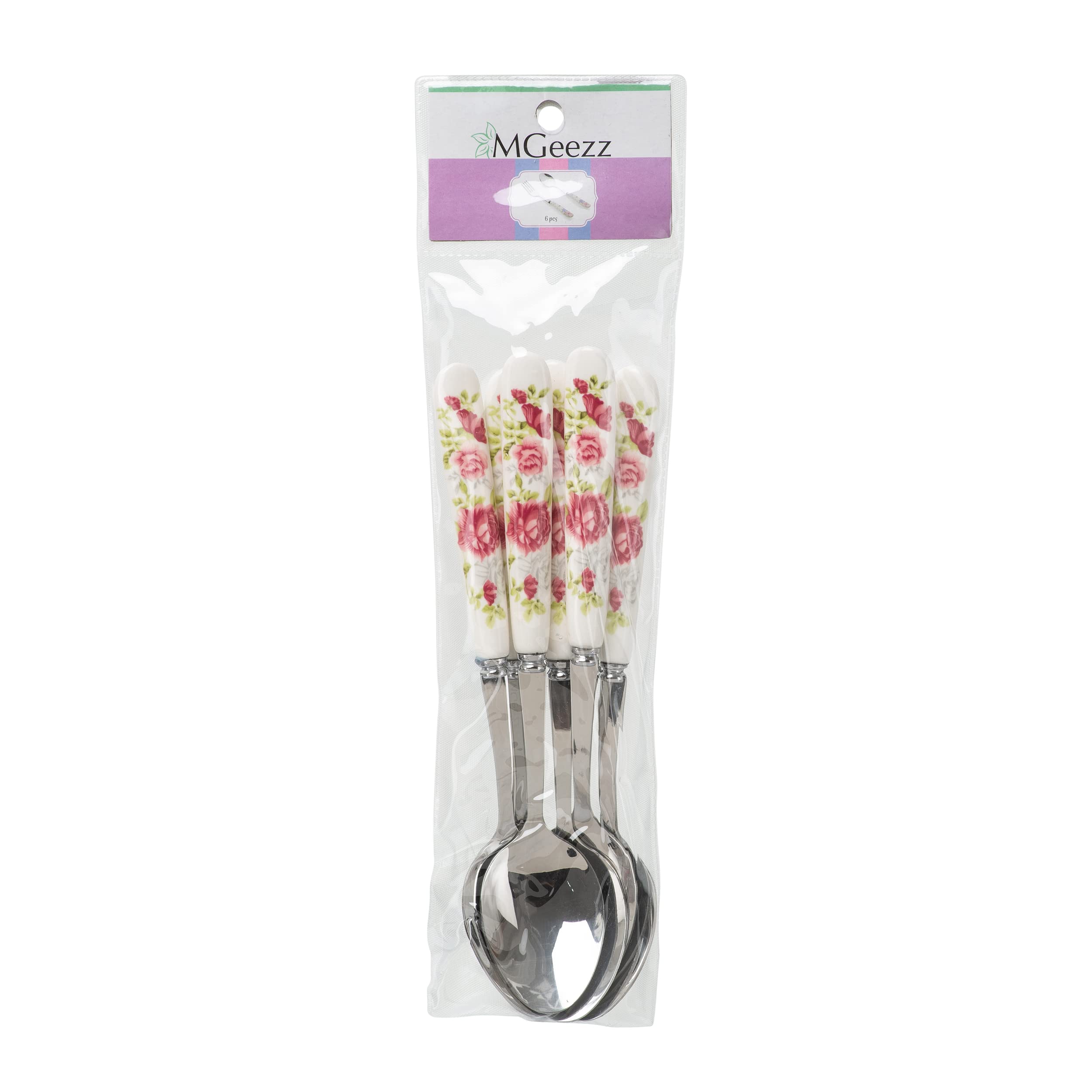 MGeezz Floral Stainless Steel Spoon Set For Home Kitchen & Restaurant Cutlery Dinner Table Bouillon Spoon With Ceramic Handle Tableware Spoon For Serving Salad Fruit Spoon (Small Spoon Set of 6),40 Mm 4