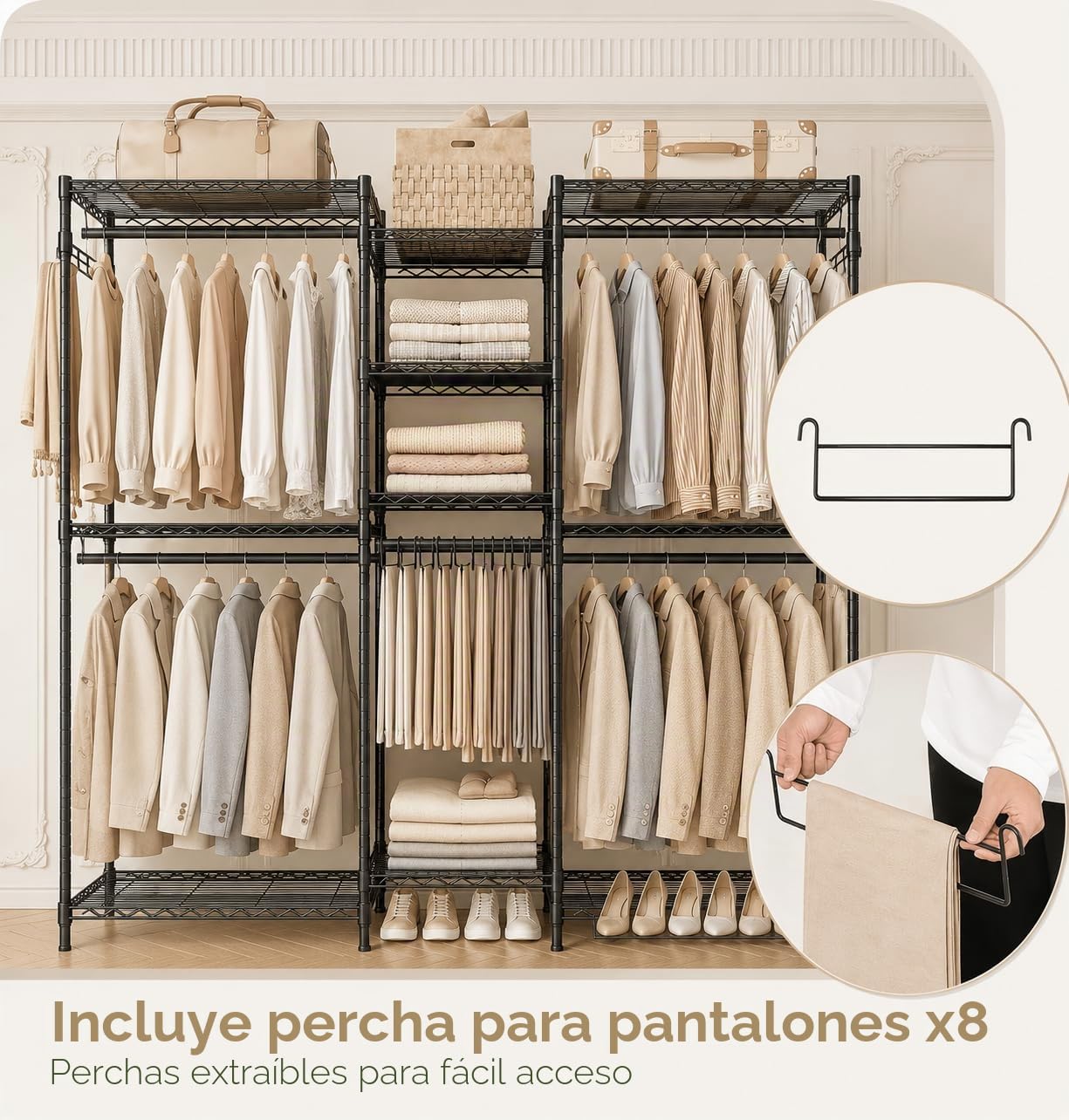 Burro de Ropa Ajustable con Estantes y Barras para Ropa | Capacidad de carga de 435 kg, Con Ganchos, Negro, 187 × 44 × 193 cm