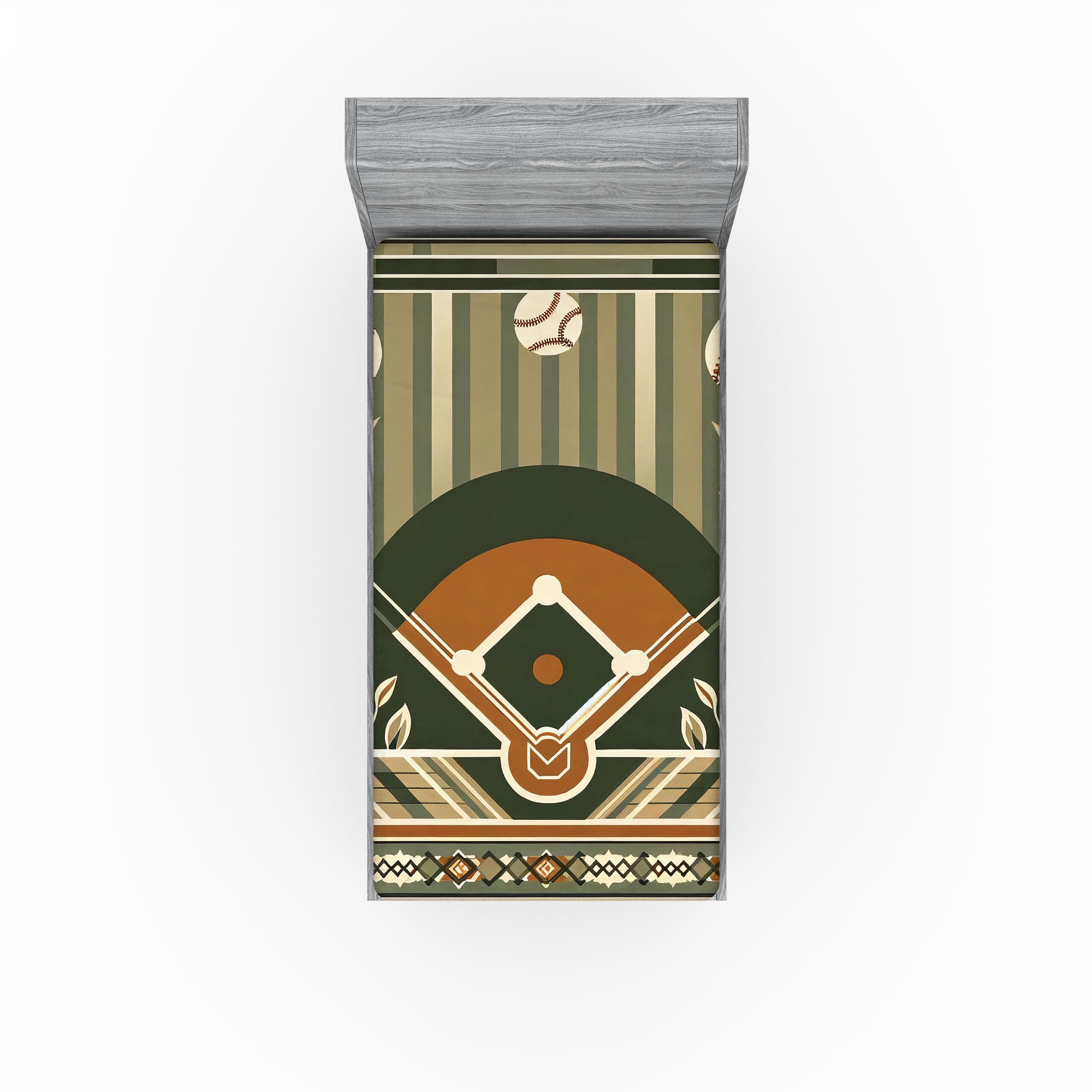 Ambesonne Baseball 2 Pack Fitted Sheet, Field Balls Leaves Print, Bed Cover All-Round Elastic Deep Pockets 2 Pieces, Package Contains 2 Twin XL Size Fitted Sheets, Olive Green Cinnamon