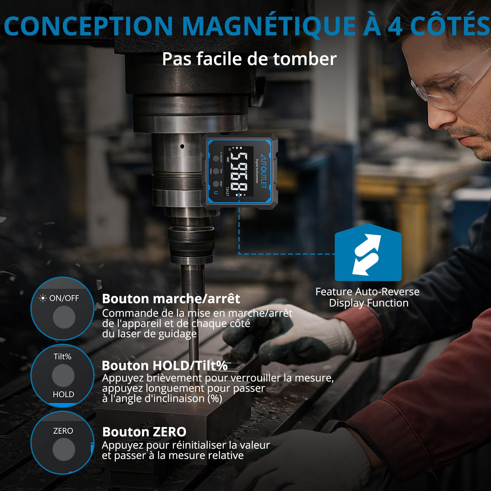 AUTOUTLET 4 * 90° Niveau à bulle numérique Laser linéaire des deux côtés Fixation magnétique sur les quatre côtés Rechargeable Pour Menuiserie Chantier Et Décoration