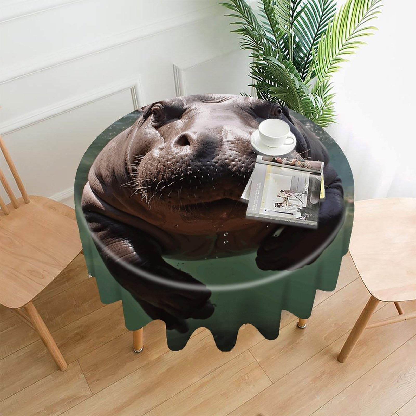 VstaDank Diving Hippo Tablecloth Easy to Clean Polyester Round Table Cover Washable Round Table Cloth Wrinkle-Free Circle Decoration Tablecloth for Kitchen Dining Room 60"