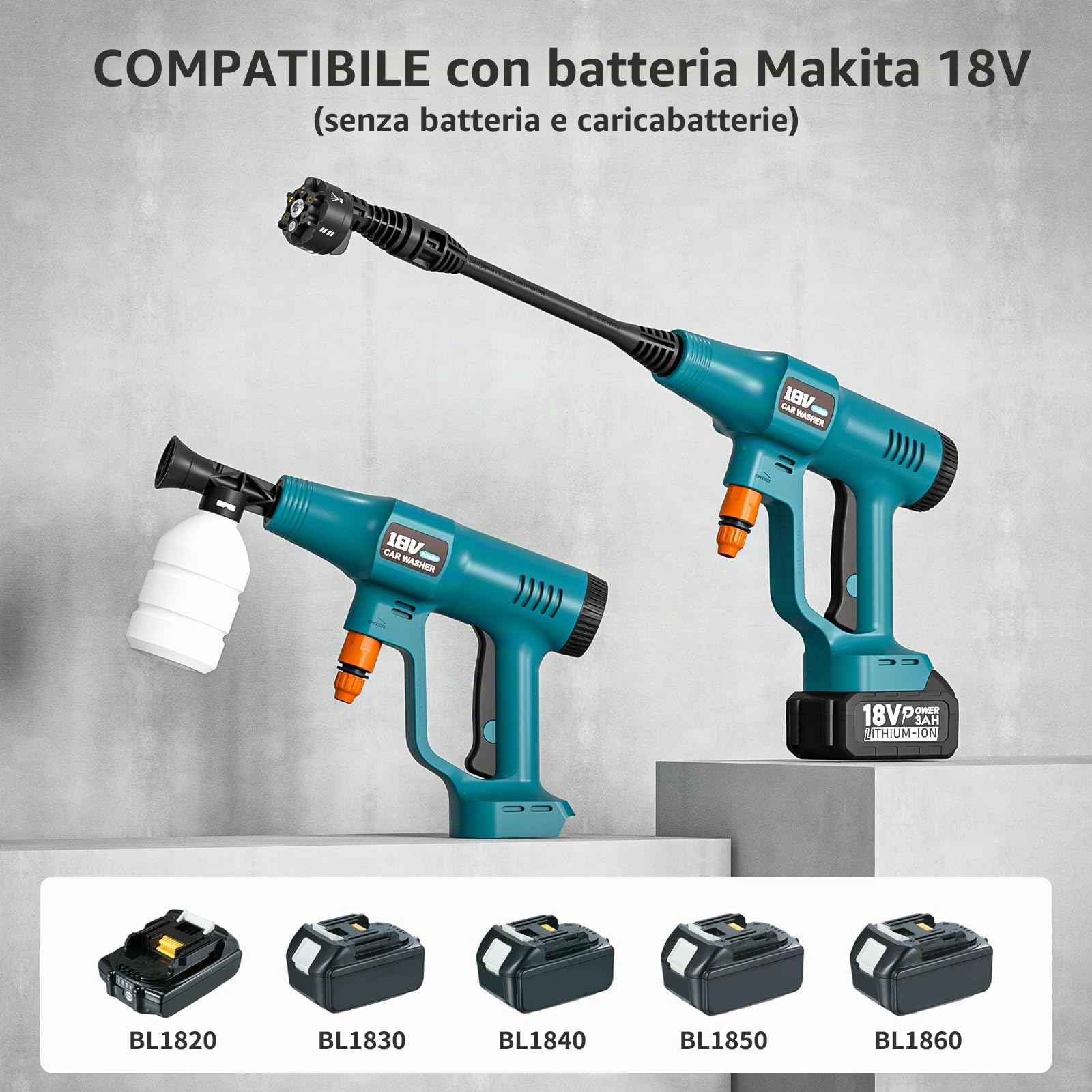 Idropulitrice per Makita-18V Batteria con Ugello 6 in 1, Tubo Flessibile da 6,5 m, Collegamento a Rubinetto e Bottiglia Diretto per Auto/Giardino/Pulizie Esterne (Senza Batteria)