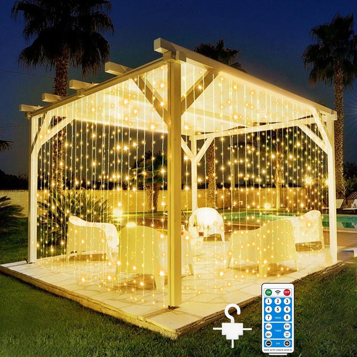 Goodern 3 Meter 200 LEDs Eid Ramadan Decorations Lights,USB Powered Curtain Light Outdoor Remote Control Fairy Lights,Waterproof Copper Wire Light for Eid Party Wedding Home Garden Wall Decor-Warm