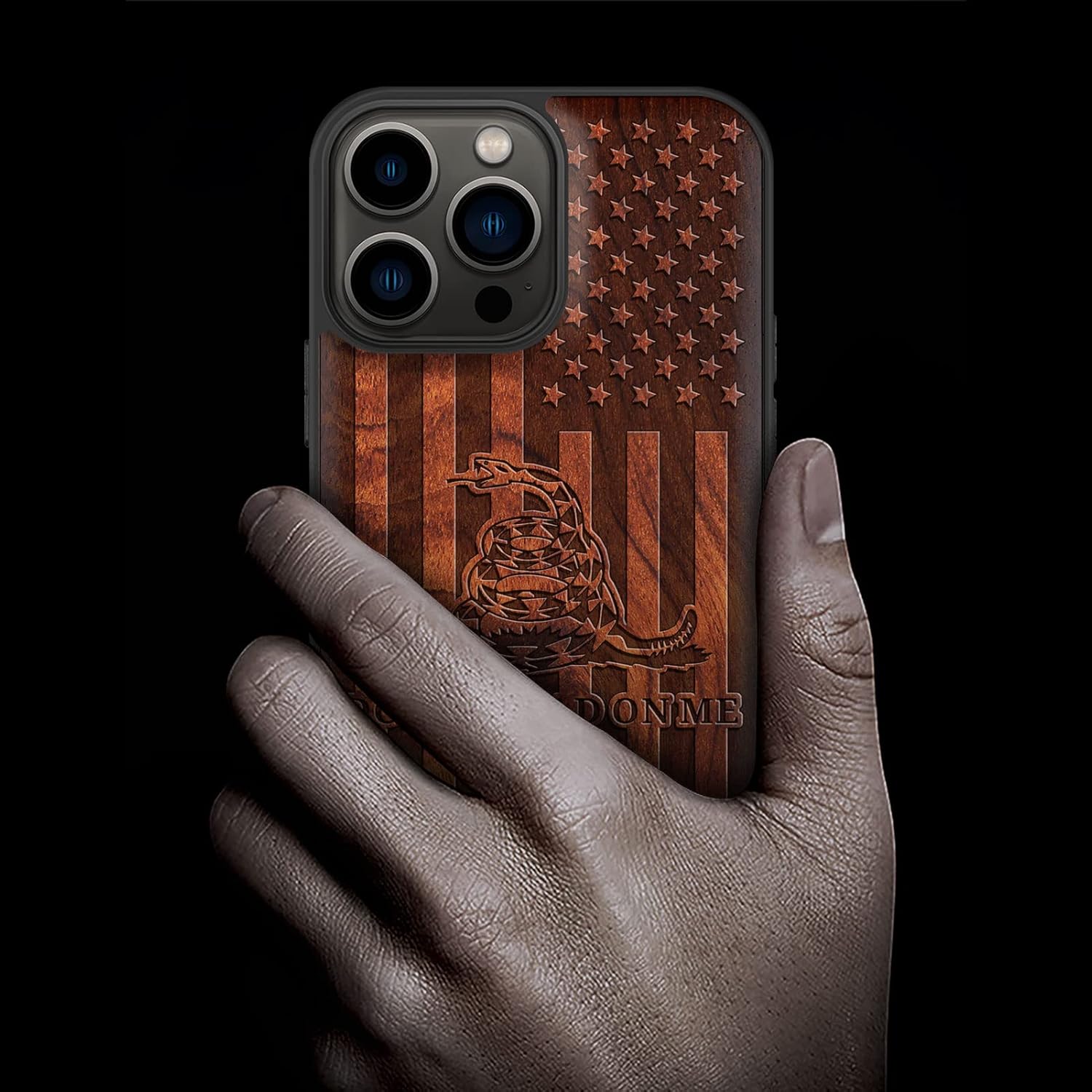 Carveit Magnetic Wood Case for iPhone 13 Pro Max [Natural Wood & Soft TPU] Unique Wooden Shockproof Protective Cover Compatible with MagSafe (Gadsden and American Flag -Rosy)