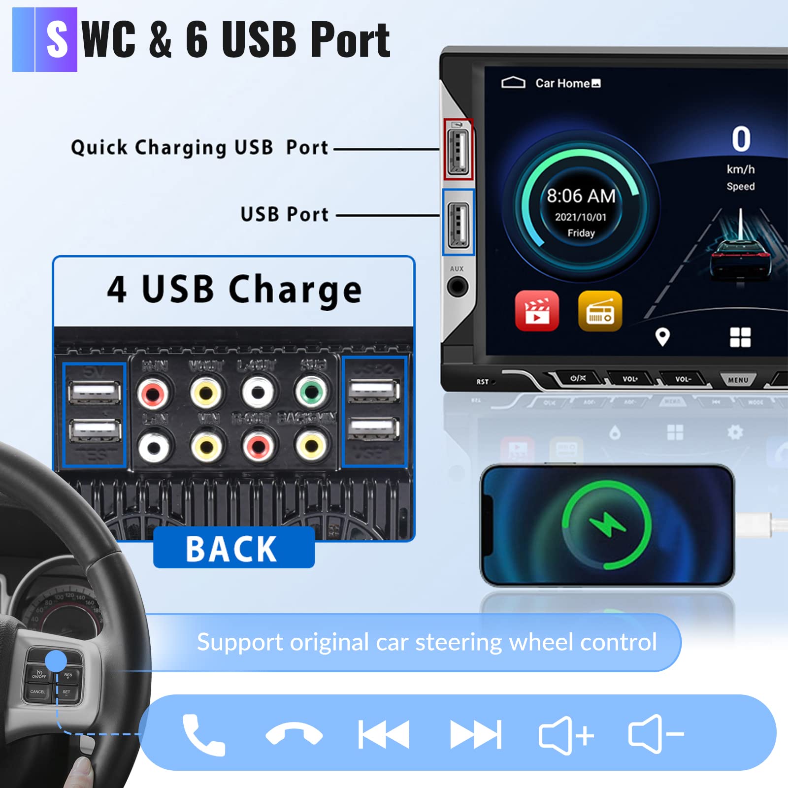 Autoradio 2 Din Android GPS 7 Pollici Touch Screen Auto Stereo Radio Mirror Link per iOS/Android Navigazione RDS Radio Bluetooth WIFI FM EQ Autoradio con 6 Porte USB+Telecamera Posteriore+Cavo ISO