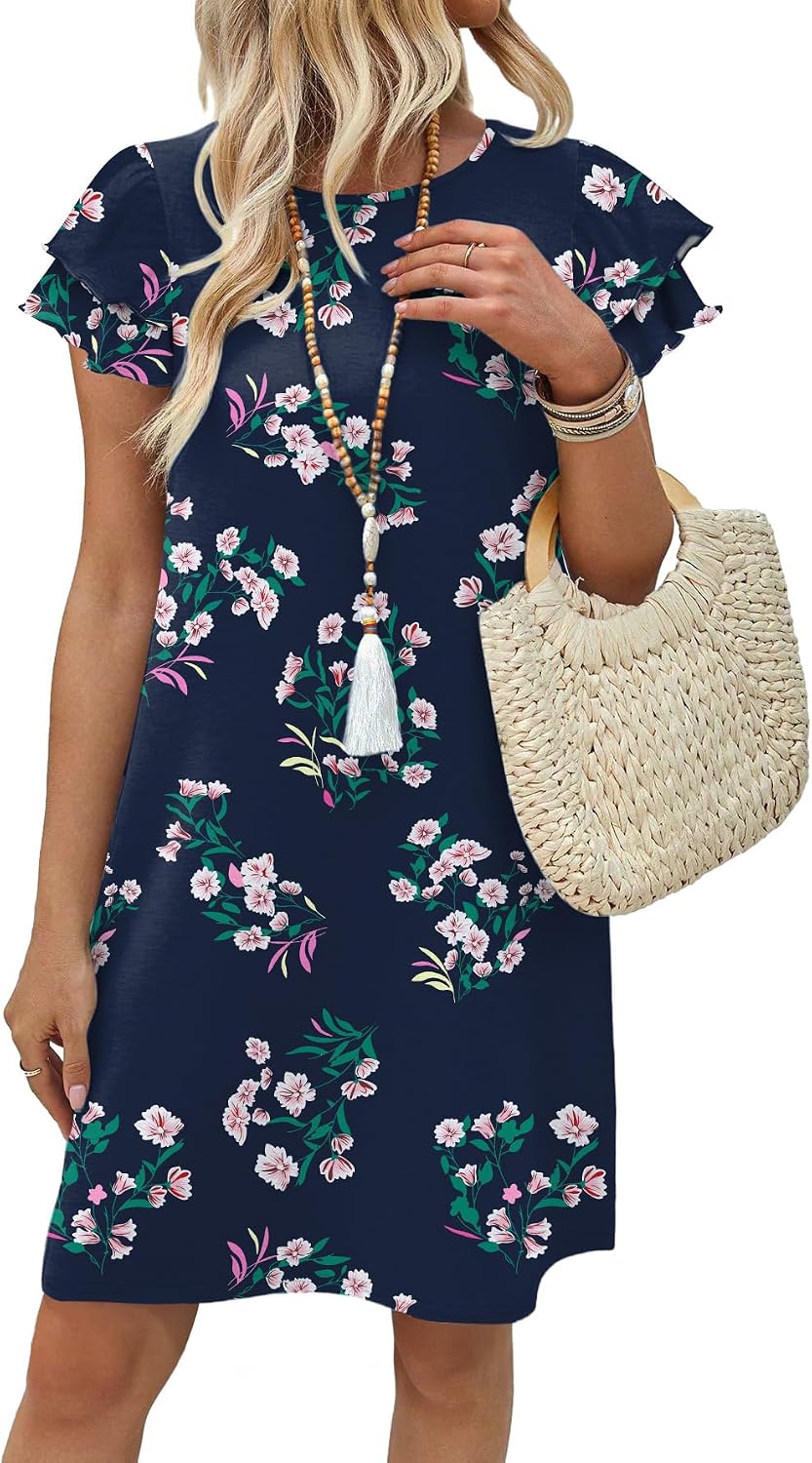 OFEEFAN Womens Summer Dresses 2026 Ruffle Sleeve Round Neck Loose Swing Sundresses with Pockets Plain/Print thumbnail