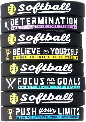 Inkstone 12-Pack Softball Bracelets with Motivational Sports Quotes - Wholesale Pack of 12 Silicone Rubber Wristbands for Bulk Softball Gifts and Party Favors - for Boys Girls Men Women