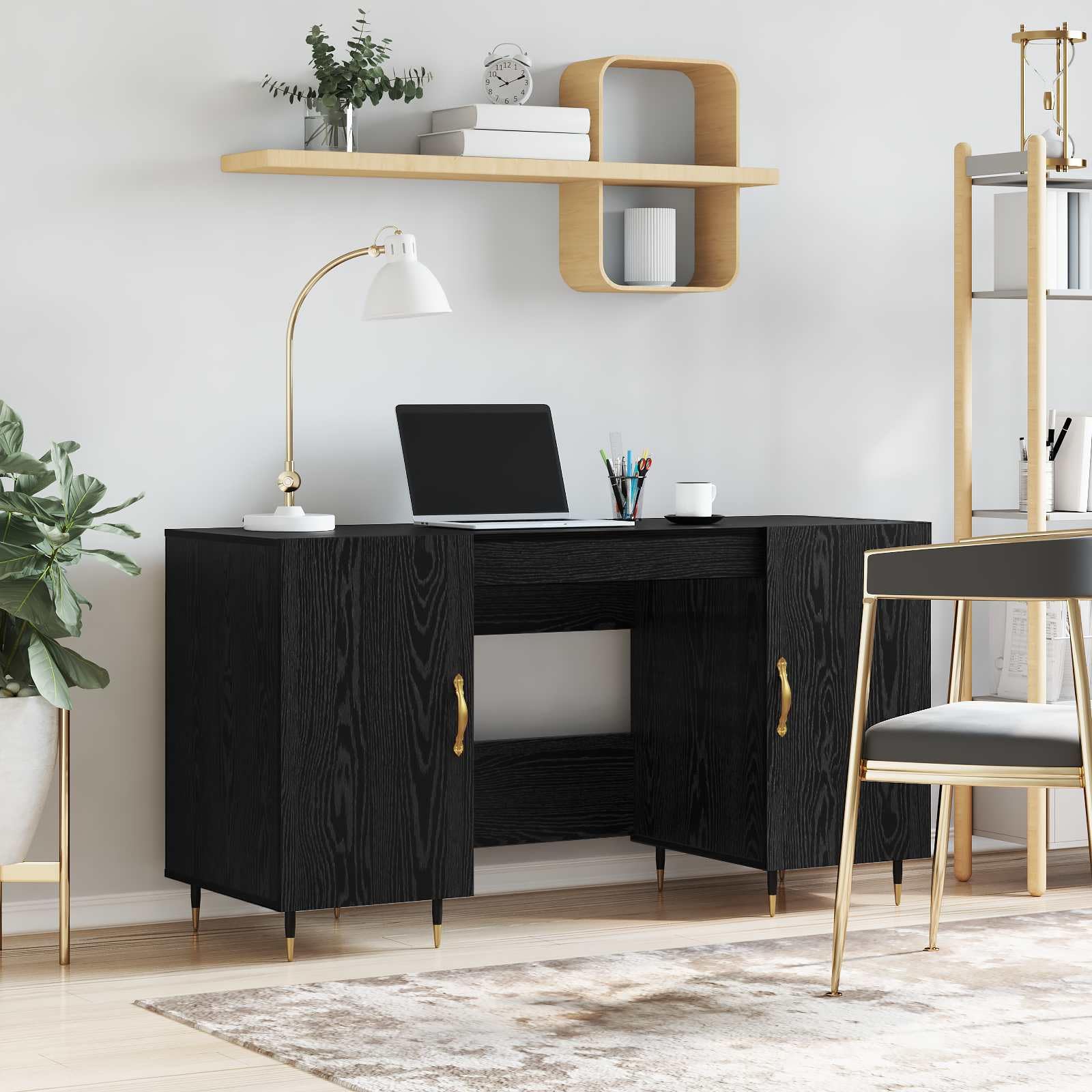 Scrivania rovere nero in legno ingegnerizzato 140 x 50 x 75 cm con ripiano e cassetto per ufficio studio smartworking casa gaming