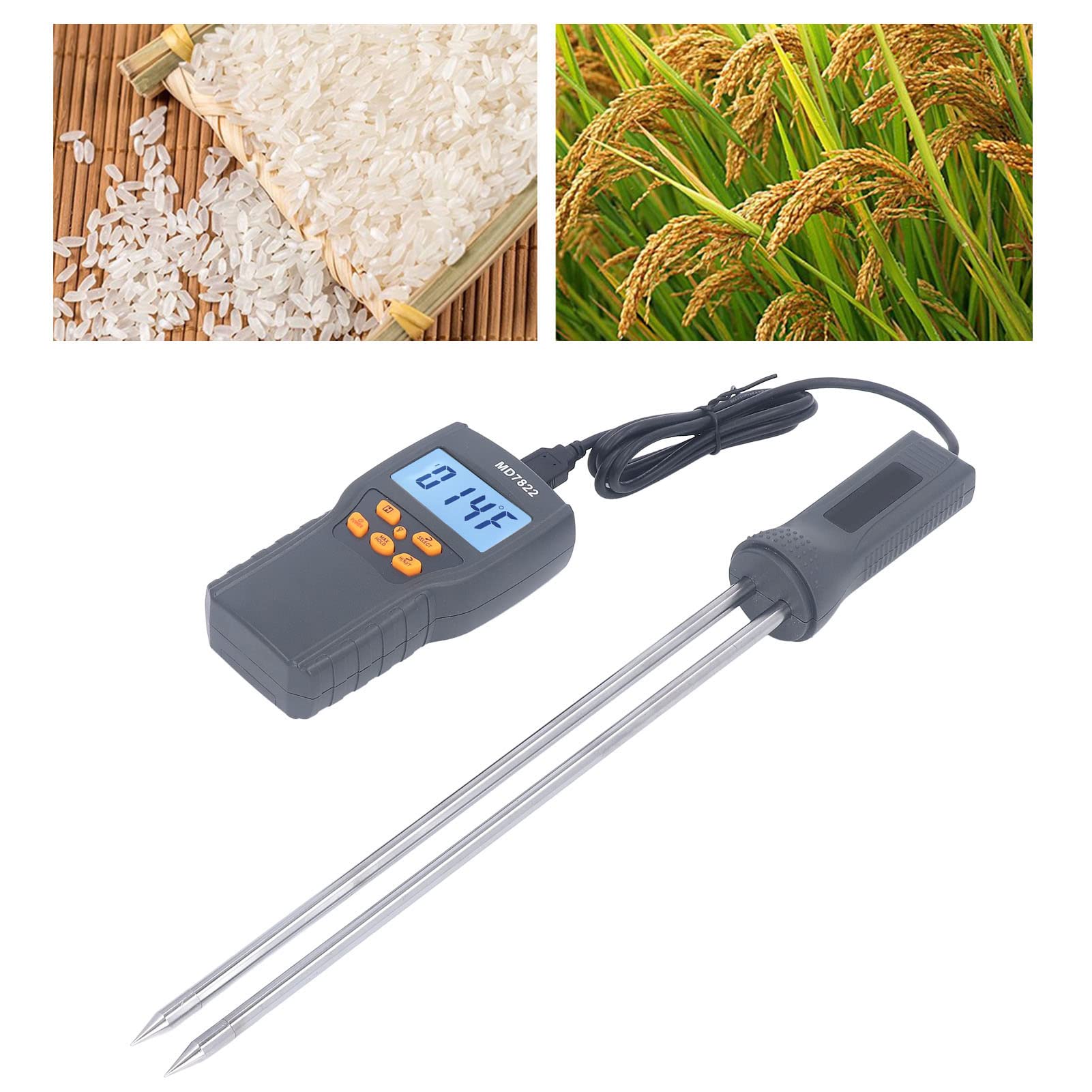 Medidor de humedad con sensor de sonda dual, probador de humedad digital con pantalla LCD retroiluminada para 14 variedades, incluidos trigo, maíz y arroz