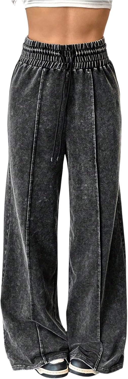 Women's Vintage Washed Wide Leg Sweatpants Y2k Drawstring High Elastic Waist Baggy Trousers Streetwear