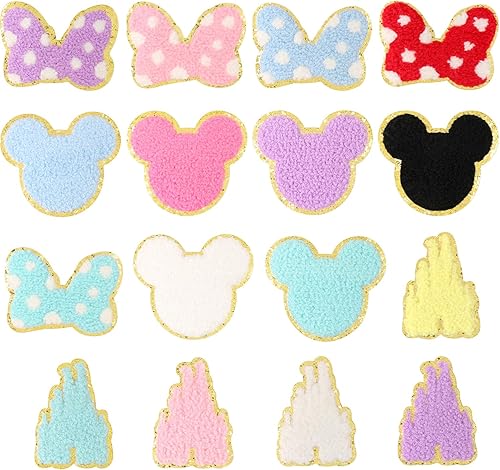16 parches de felpilla para planchar con cabeza de ratón, parches bordados de castillo de chenilla colorido con lazo, apliques bordados, accesorios