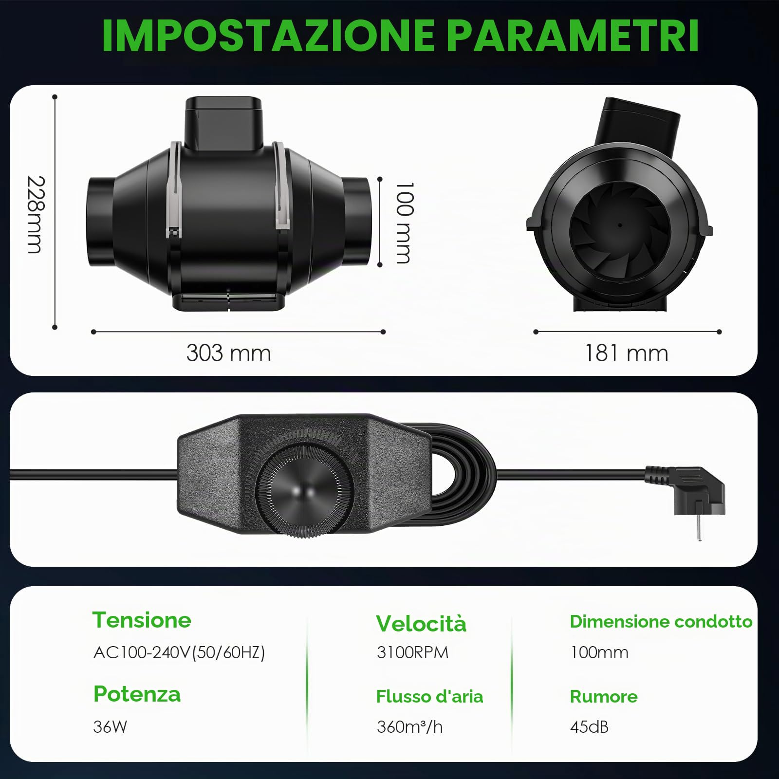 Diealles Shine 100mm Ventola Aspirazione Regolabile 360m³/h Estrattore Aria in Linea con Controllore di velocità Variabile per Bagno, Ventilazione, Tende di Crescita, Coltura Idroponica