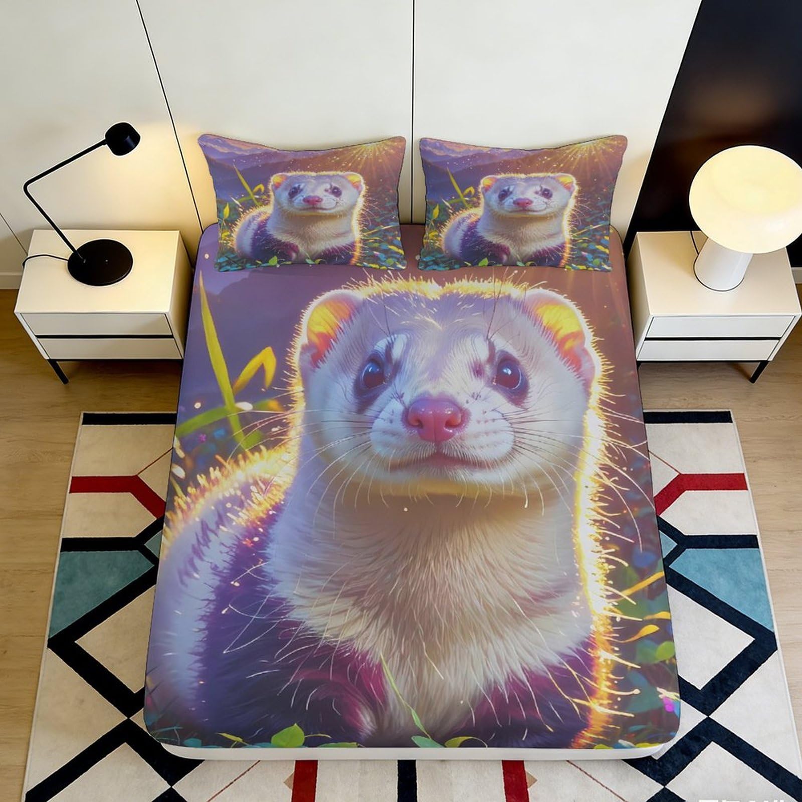 3D Printed Ferret Art Fitted Sheet Microfiber Anti-Slip Soft Bed Cover for Bedroom Guest Dorm Decor Mattress Protection 90x200x25cm