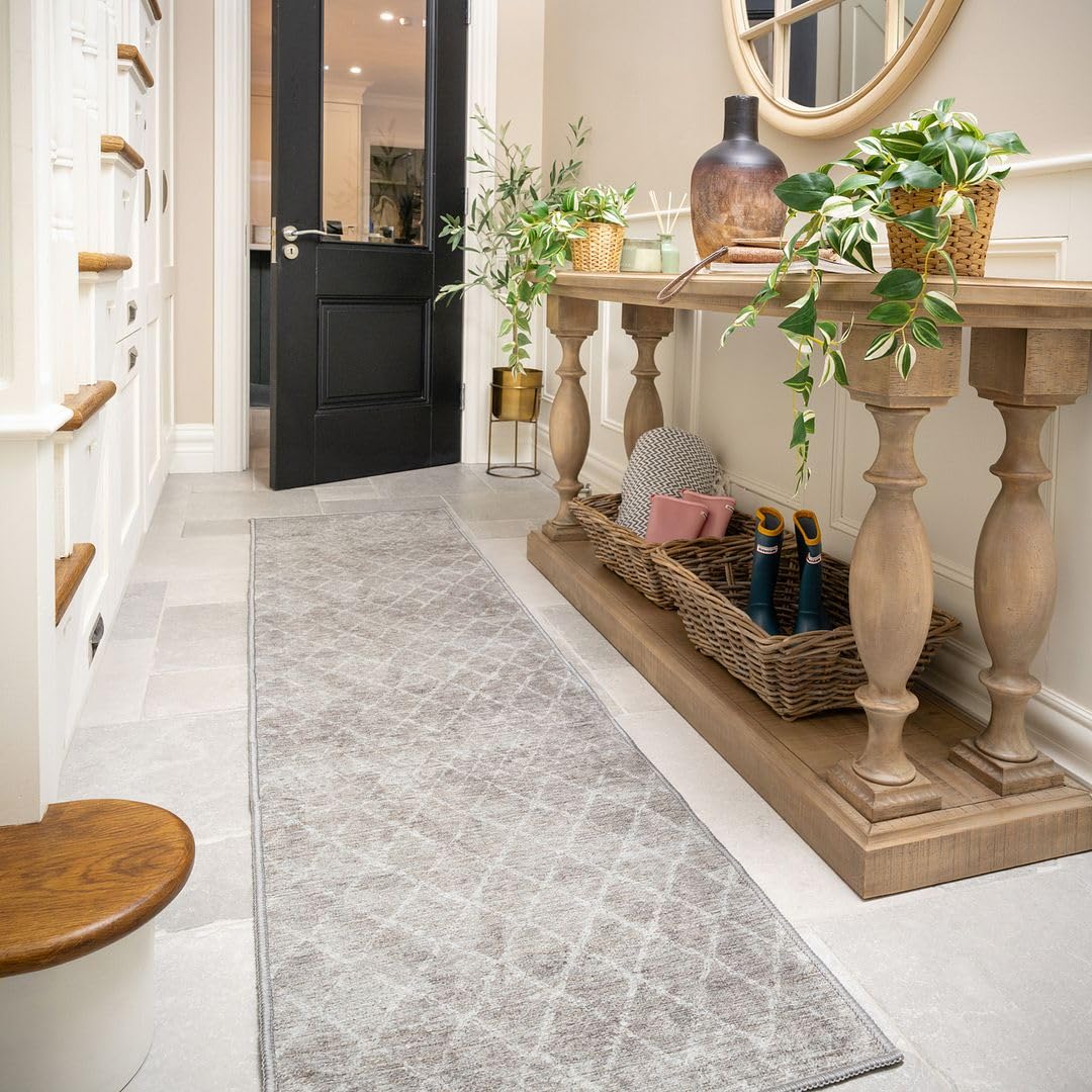 Machine Wash Grey Cotton Runner Rug Trellis Pattern Geometric Distressed Hardwearing Durable Pet Friendly Kitchen Bedroom Living Area Rug 60cm x 240cm (1ft 12" x 7ft 10")