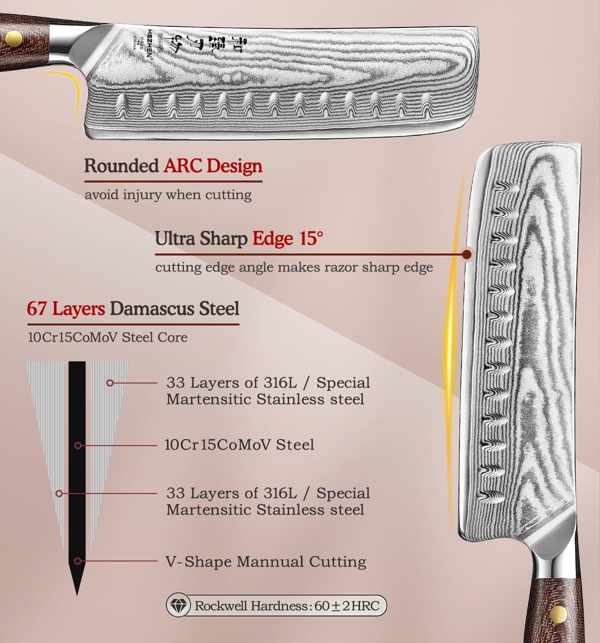 HEZHEN Nakiri Knife,7.4 Inches, 67 Layers Damascus Steel Japanese Vegetable Knife for Professional Chefs and Home, Micarta Handle,Gift Ready