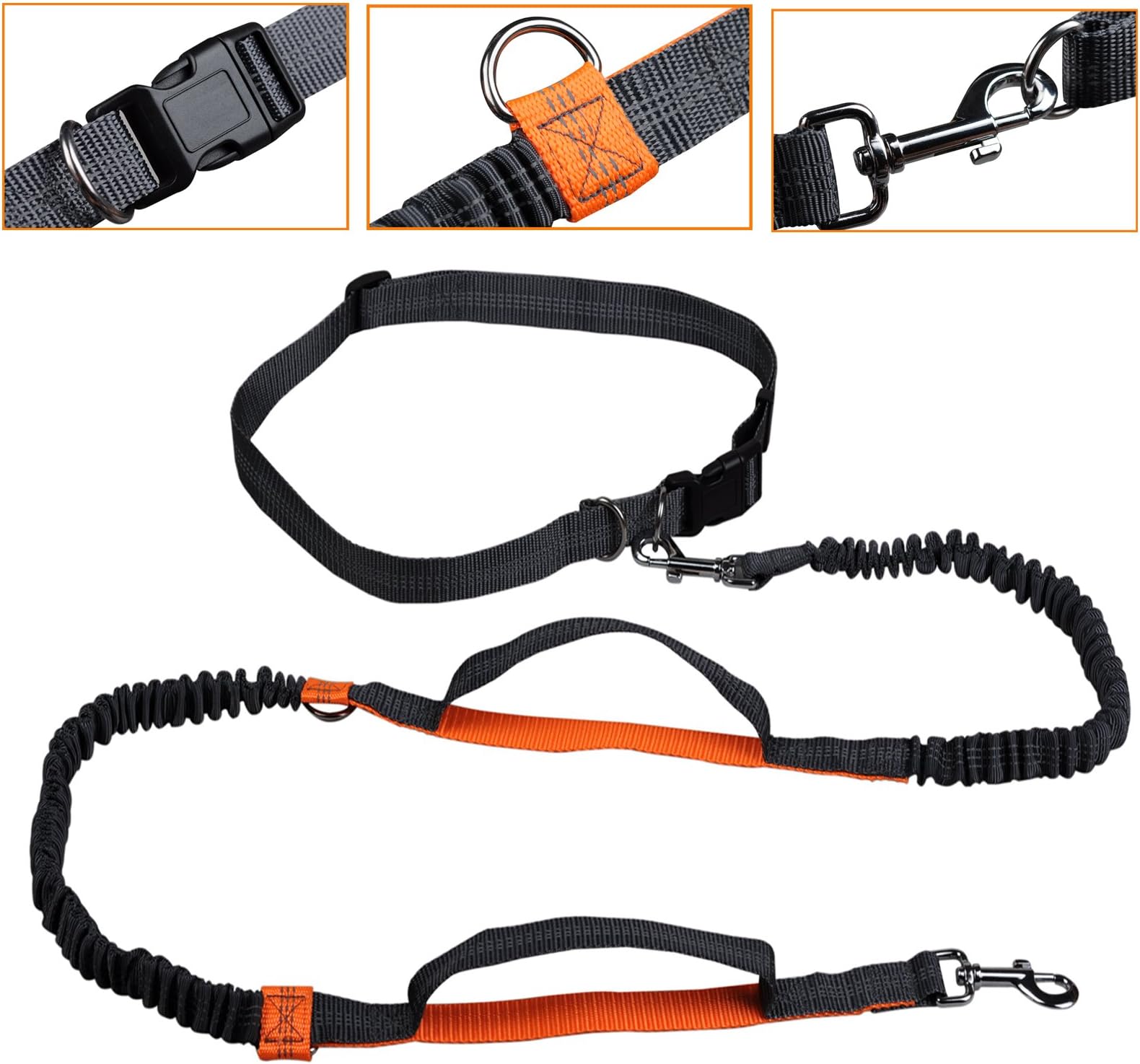 Retractable Hands Free Dog Leash, Dual-Handle Bungee Extendable Shock Absorbing Leash Reflective Stitching Adjustable Waist Belt for For Running, Walking, Hiking, Dog Training Up to 110 lb Large Dogs