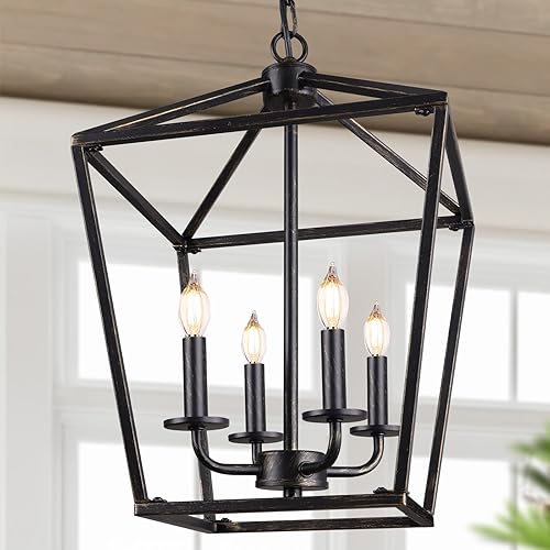 Miniatura 8 de BrightHome - Lámpara de araña de casa de campo de 4 luces, lámpara colgante negra para isla de cocina, comedor, iluminación industrial de farol con