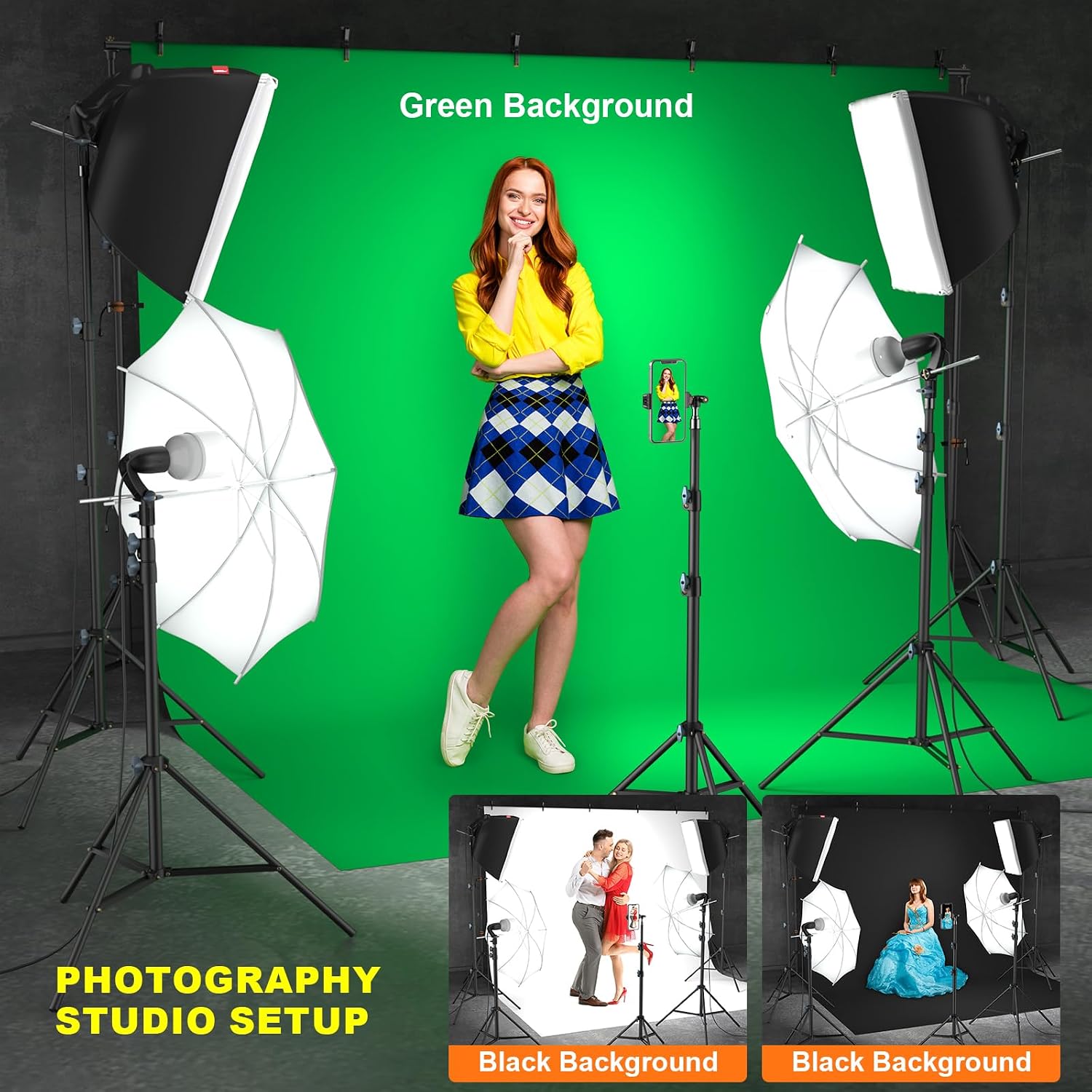 LINCO Lincostore Photo Video Studio Light Kit AM169 PRO - Including 3 Color Backdrops (Black/White/Green) Background Screen (8.5x10ft Background Frame with 10x12ft Backdrop)