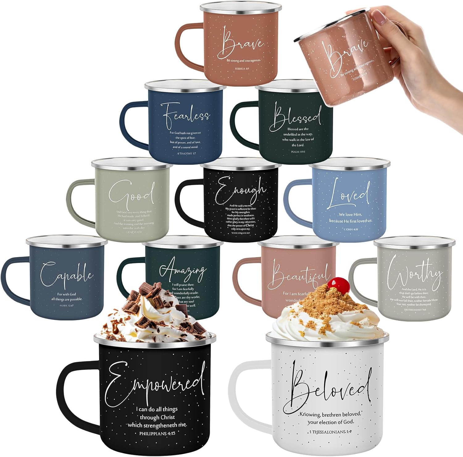Mifoci 12 Pcs Christian Enamel Coffee Mugs Bulk 12 oz Bible Verse Coffee Mugs with Handle Religious Inspirational Cups for Women Men Church Sunday School Coworkers Gifts (Bible Words,Boho Color)