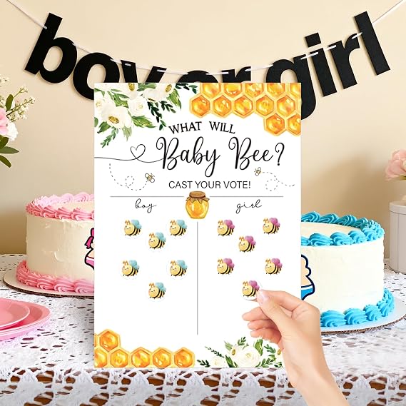 Bumblebee Gender Reveal Game Cards, Baby Shower Voting Game with Blue and Yellow Stickers for Gender Announcement Party