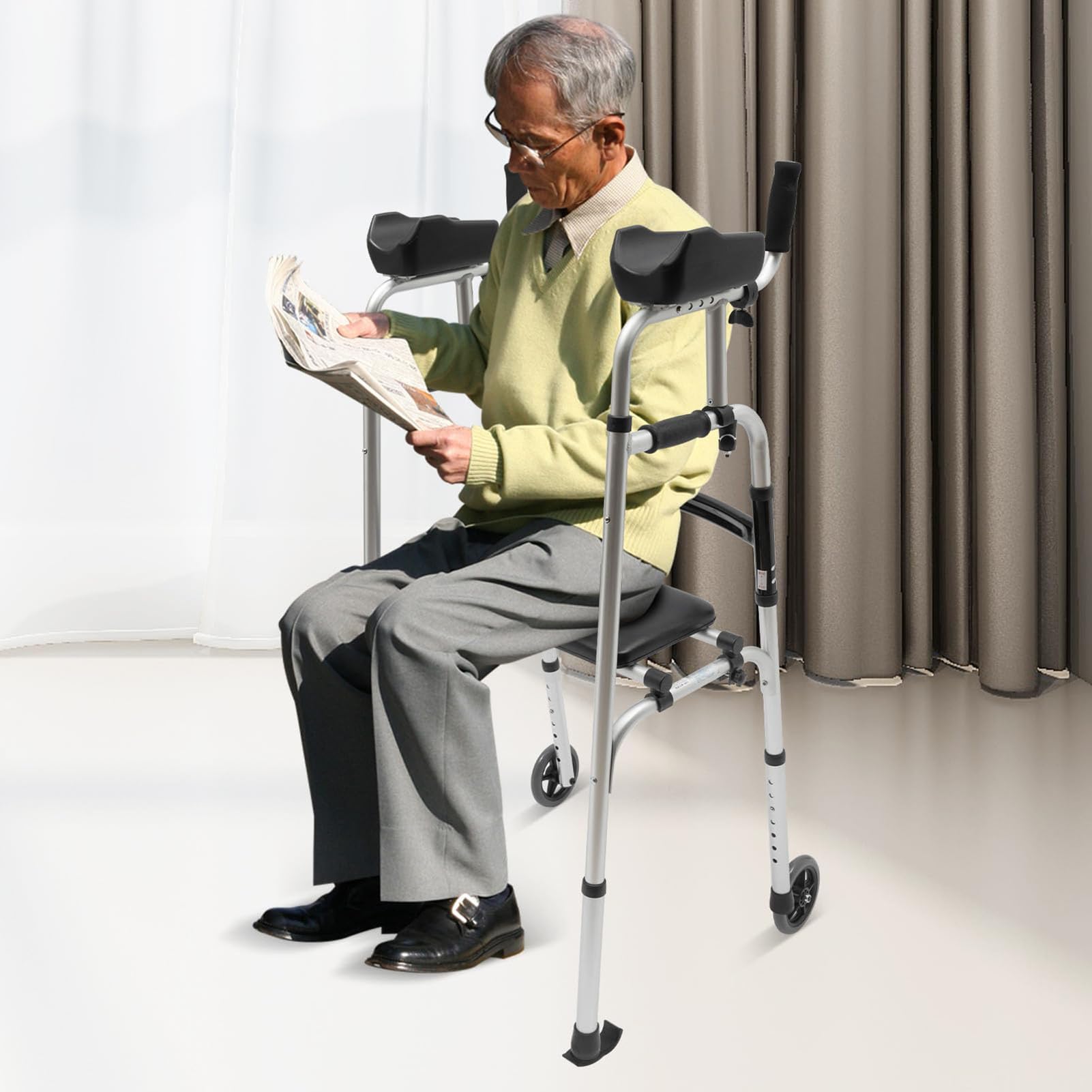 Składany rollator, lekki chodzik stojący z siedziskiem i podłokietnikami, pionowy chodzik dla seniorów, chodzik dla seniorów i dorosłych, stojak rehabilitacyjny