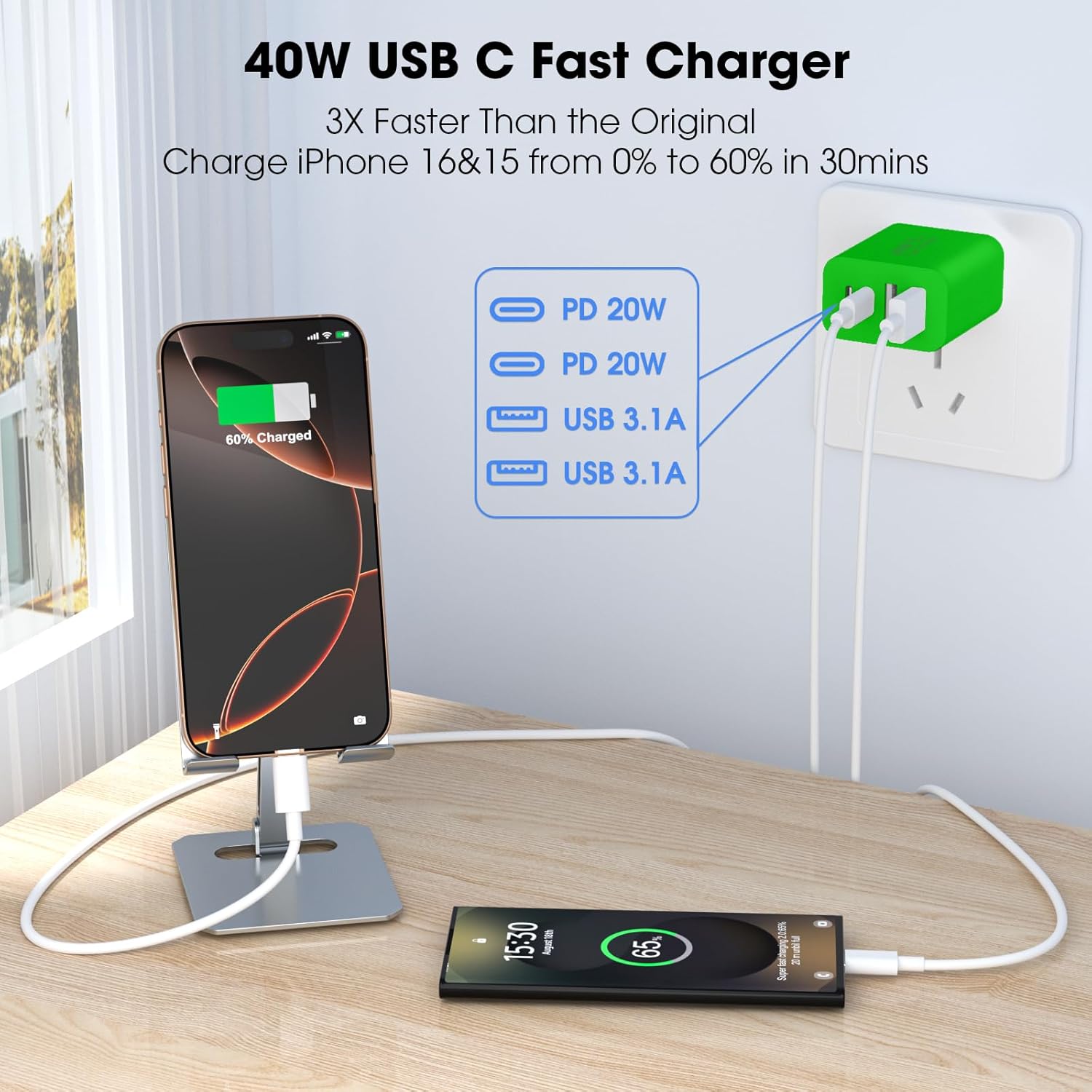 USB C Charger Block, 2 Pack 40W 4-Port iPhone Charger Fast Charging Multiport PD 3.0 & QC 4.0 Double Quick Charge, Compatible with iPhone 16/15/14/13/12/11，Pro Max，iPad, Samsung(Green)