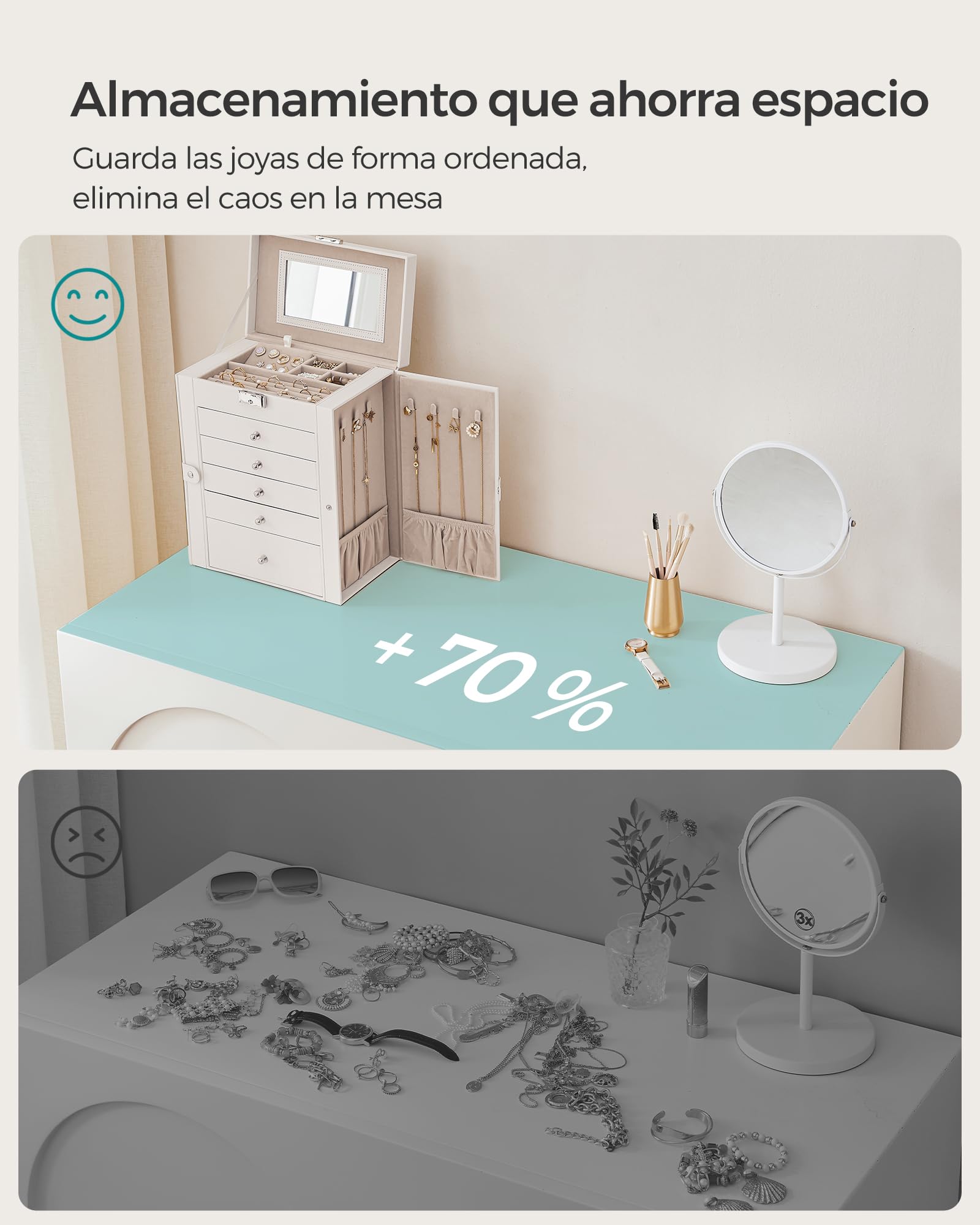 SONGMICS Caja Joyero de 6 Niveles, 5 Cajones, con Espejo y Cerradura, Blanco JBC152W01