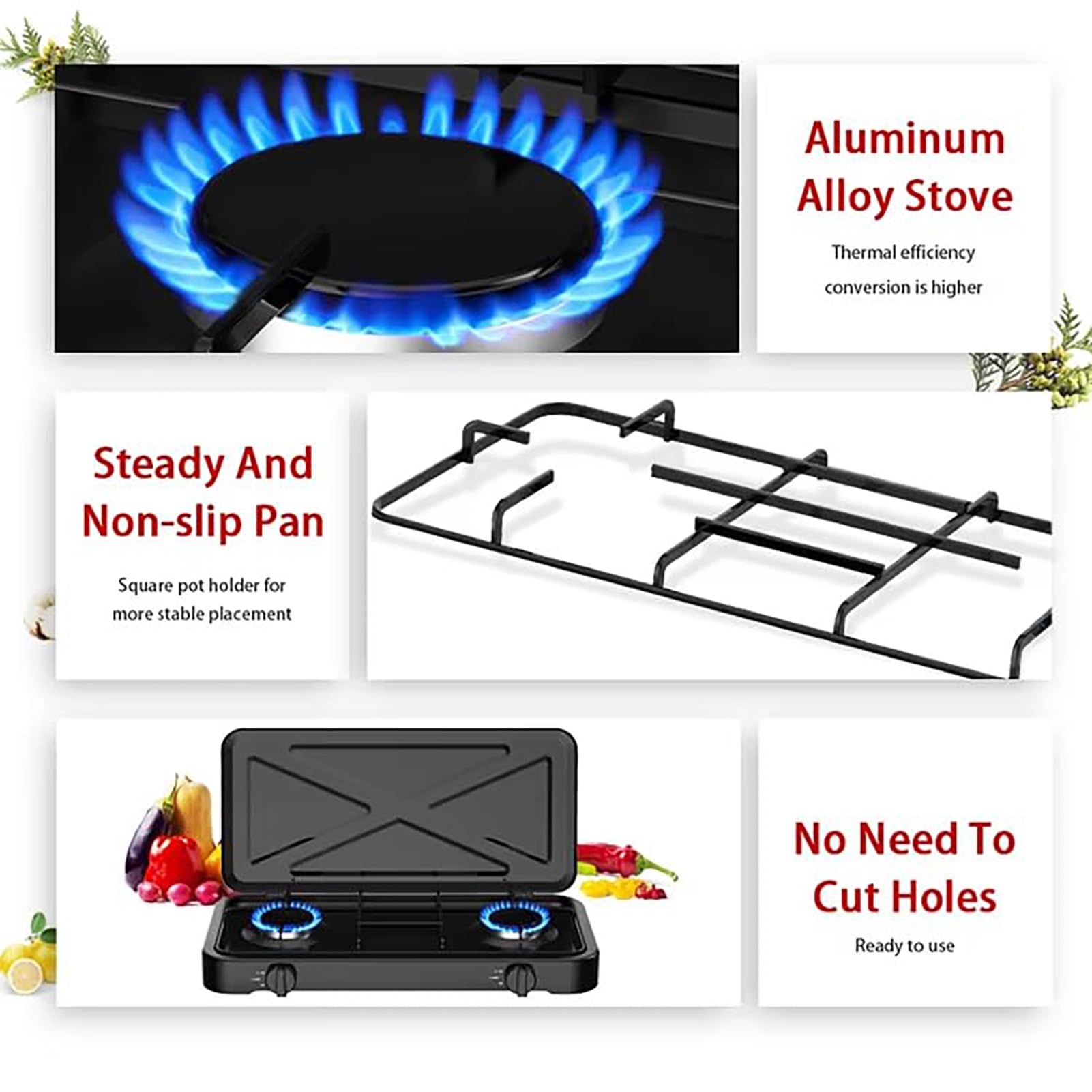 Przenośna kuchenka kempingowa, dwupalnikowa kuchenka LPG z pokrywką, 4,4 kW, regulowana regulacja temperatury, automatyczny system zapłonowy na kemping, piknik, grill