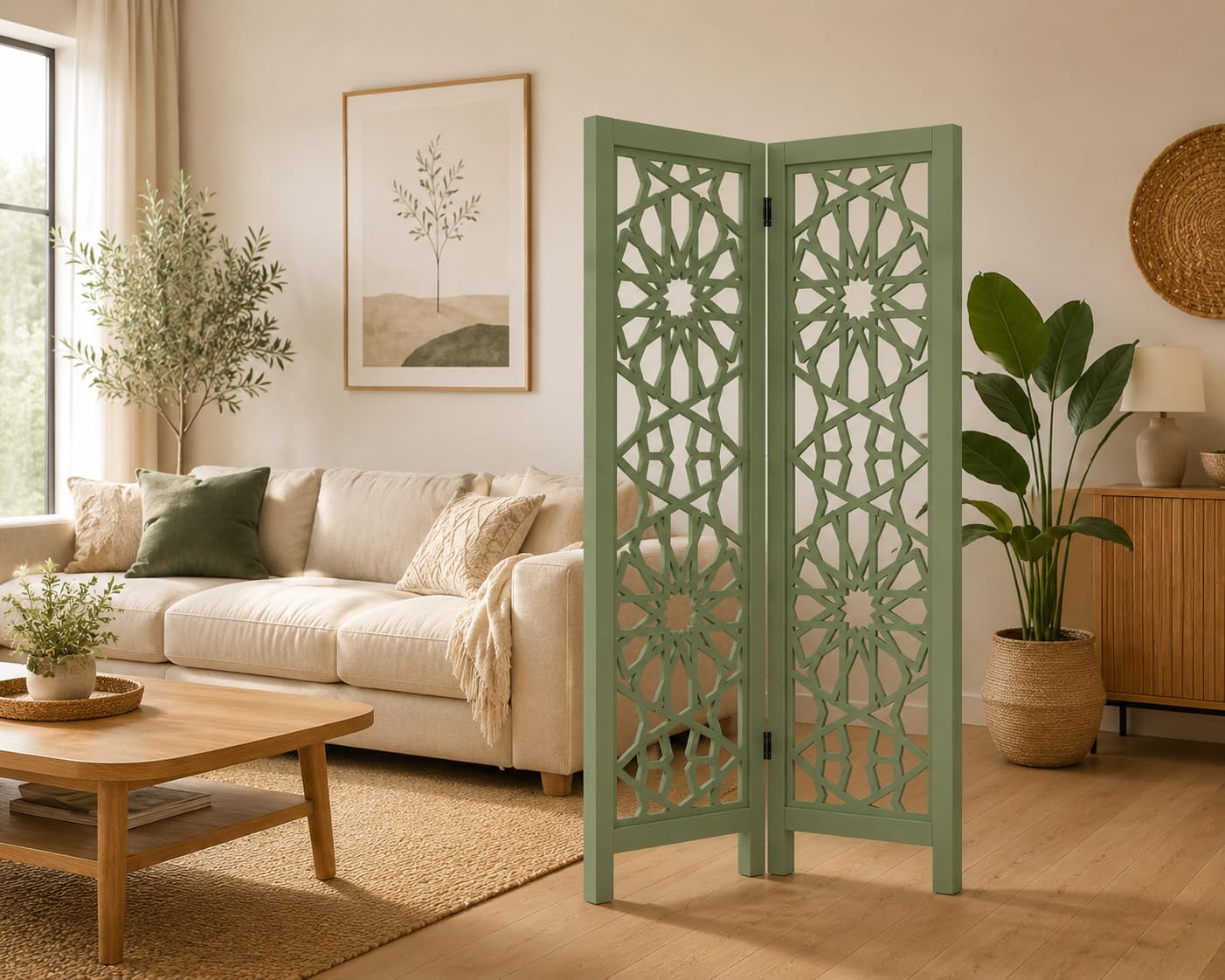 2 Panel Folding Room Divider Decorative Privacy Screen Islamic Geometric Room Partition Freestanding Divider for Living Room Bedroom Office Sage Green 48 x 18 (Rectangular, 2 Panel SAGE Green)-image-1