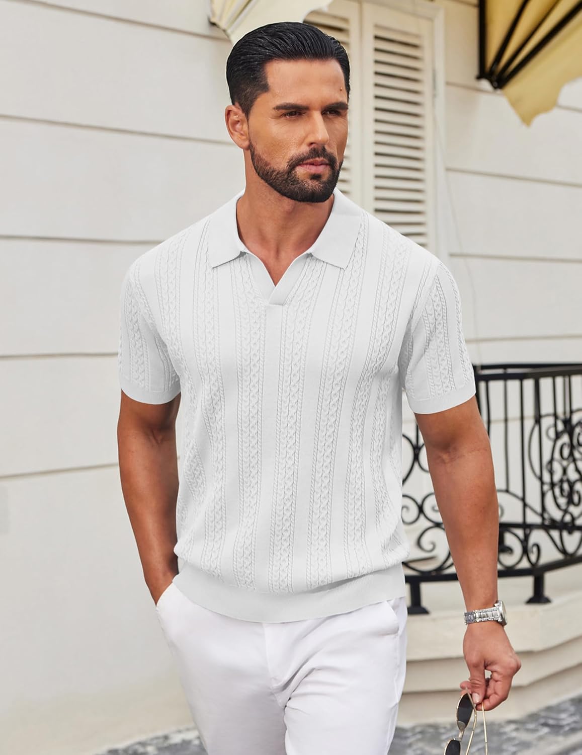 COOFANDY Knit Polo Shirts for Men Short Sleeve V Neck Polo Lightweight Summer Casual Textured Polo Shirts - Image 3