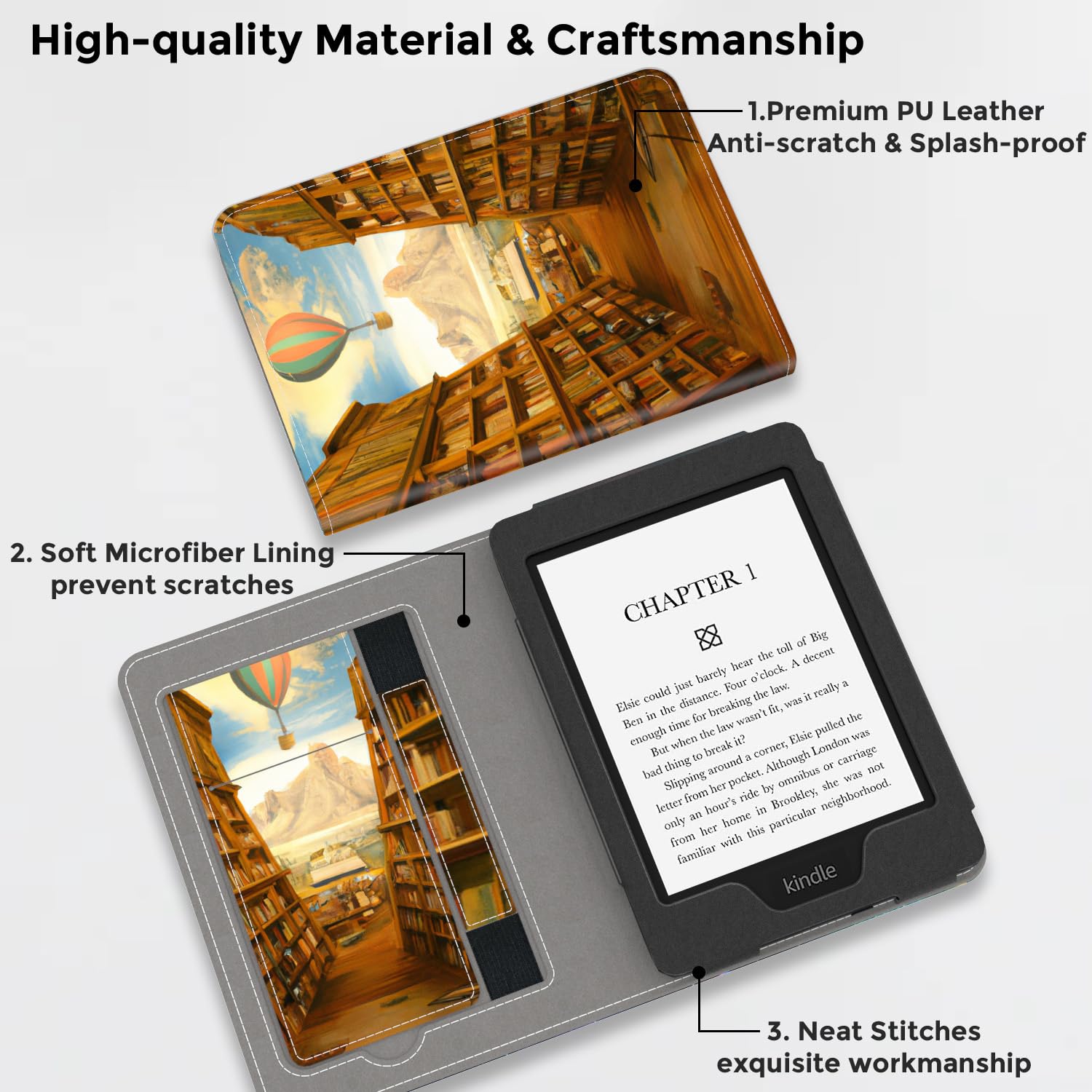VORI Stand Case für Kindle Paperwhite (11th Generation-2021) und Kindle Paperwhite Signature Edition, PU Leder Case Smart Schutzhülle mit Auto Wake/Sleep und Handschlaufe (Bibliothek)