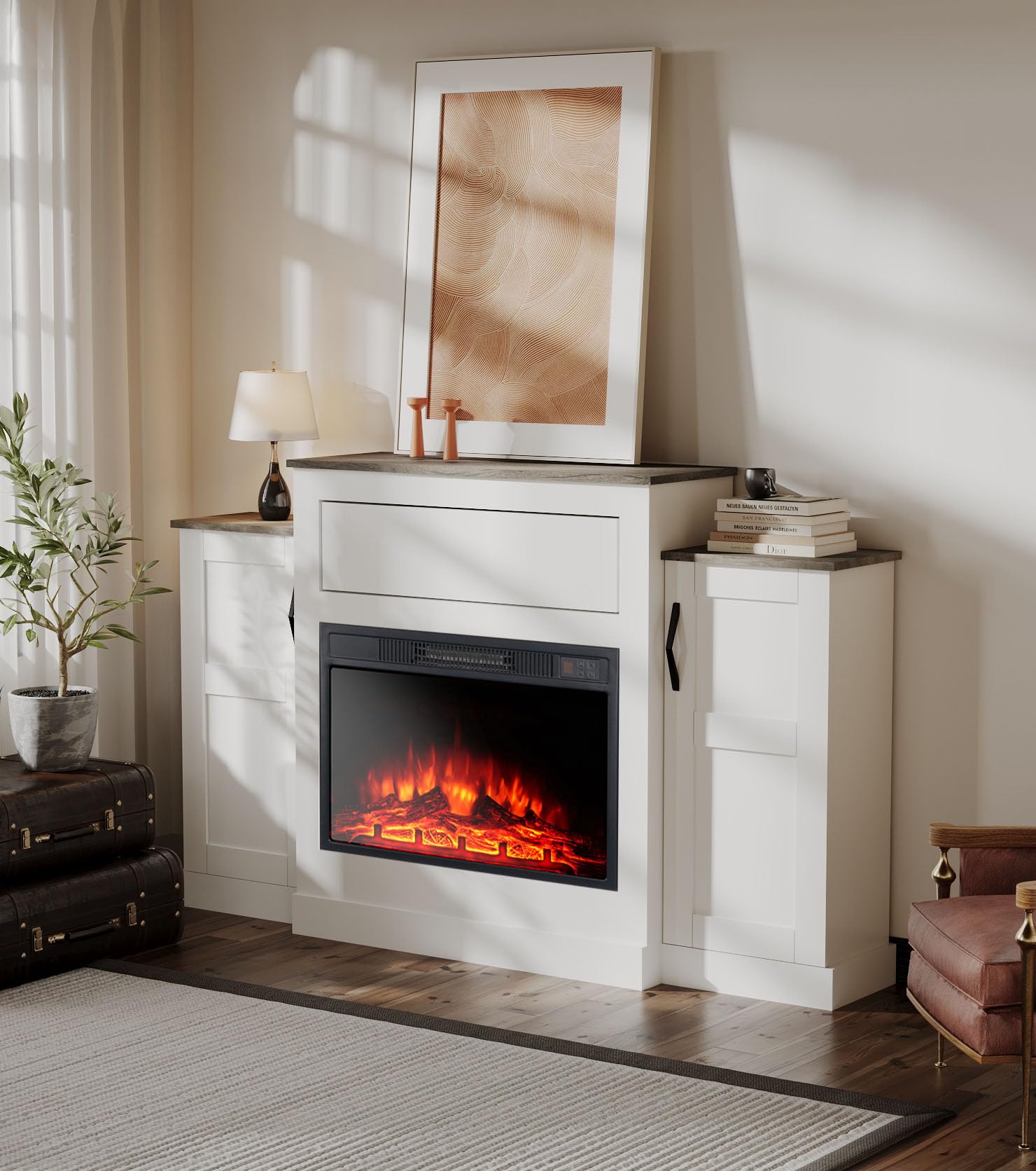 M.C.Haus Elektrischer Kamin TV Stand mit 3 Flammen & 3 Helligkeitsstufen, Timer & Überhitzungsschutz - Geschlossene seitliche Ablagefächer & Push-to-Open Schublade über dem Feuerraum, 150CM