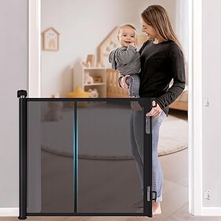 Retractable Baby Gate, Upgraded Pet Gate with Fiberglass, Extends to 140 cm Wide, 84 cm Tall, Mesh Dog Gate for Stairs, Indoors, Outdoors and Hallways, Black