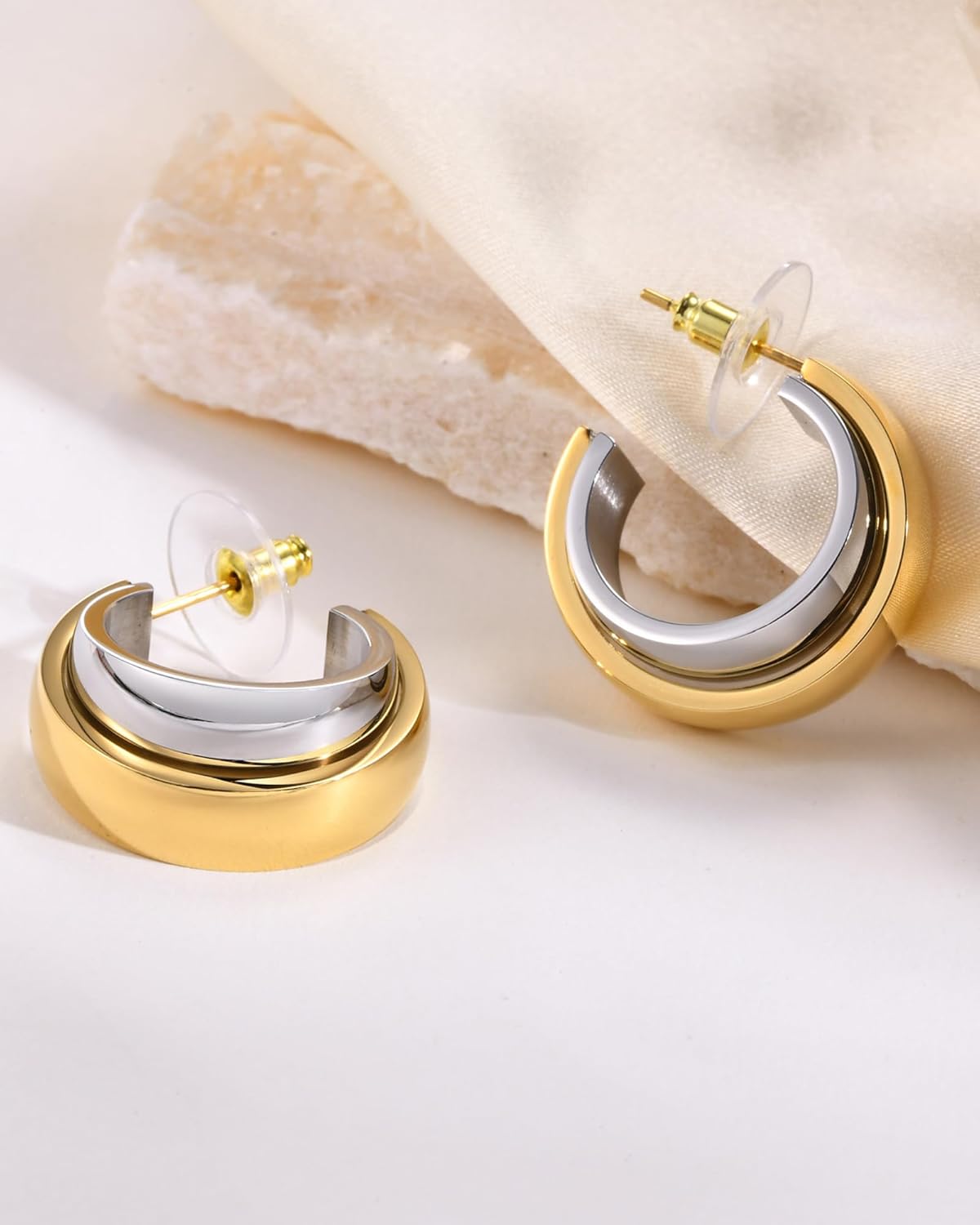 Chunky Hoop Earrings for Women 14k Gold Plated Mixed Metal Earrings Two Tone Hoop Earrings Gold and Silver Hoops Earrings Double C-Shaped Earrings Trendy Jewelry Gifts - Image 6