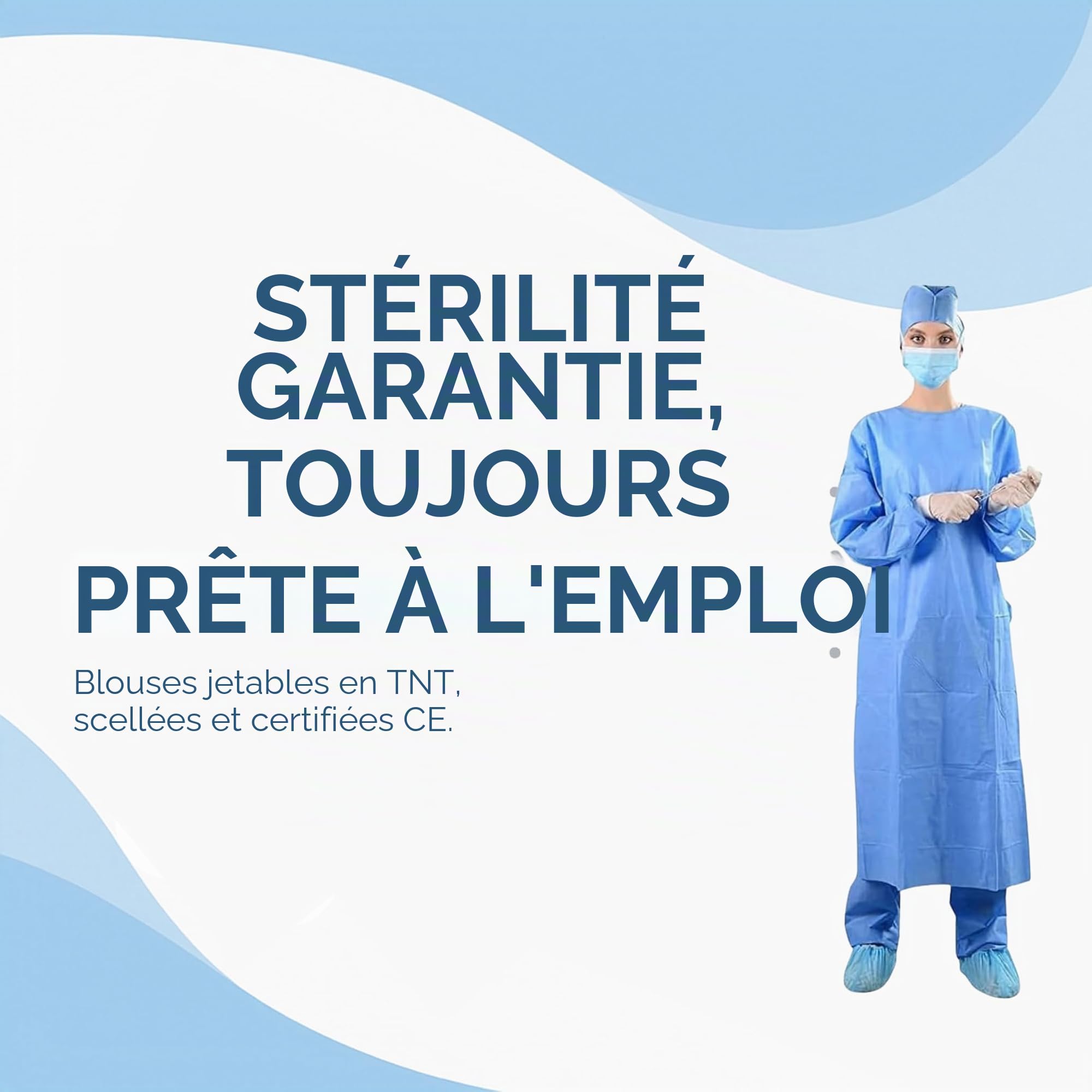 30 chemises stériles chirurgicales standard bleu clair certifiées CE - Blouse jetable, respirante, protection maximale - 2 lingettes à main incluses - Différentes tailles (XL) - FGSG-SM40XL